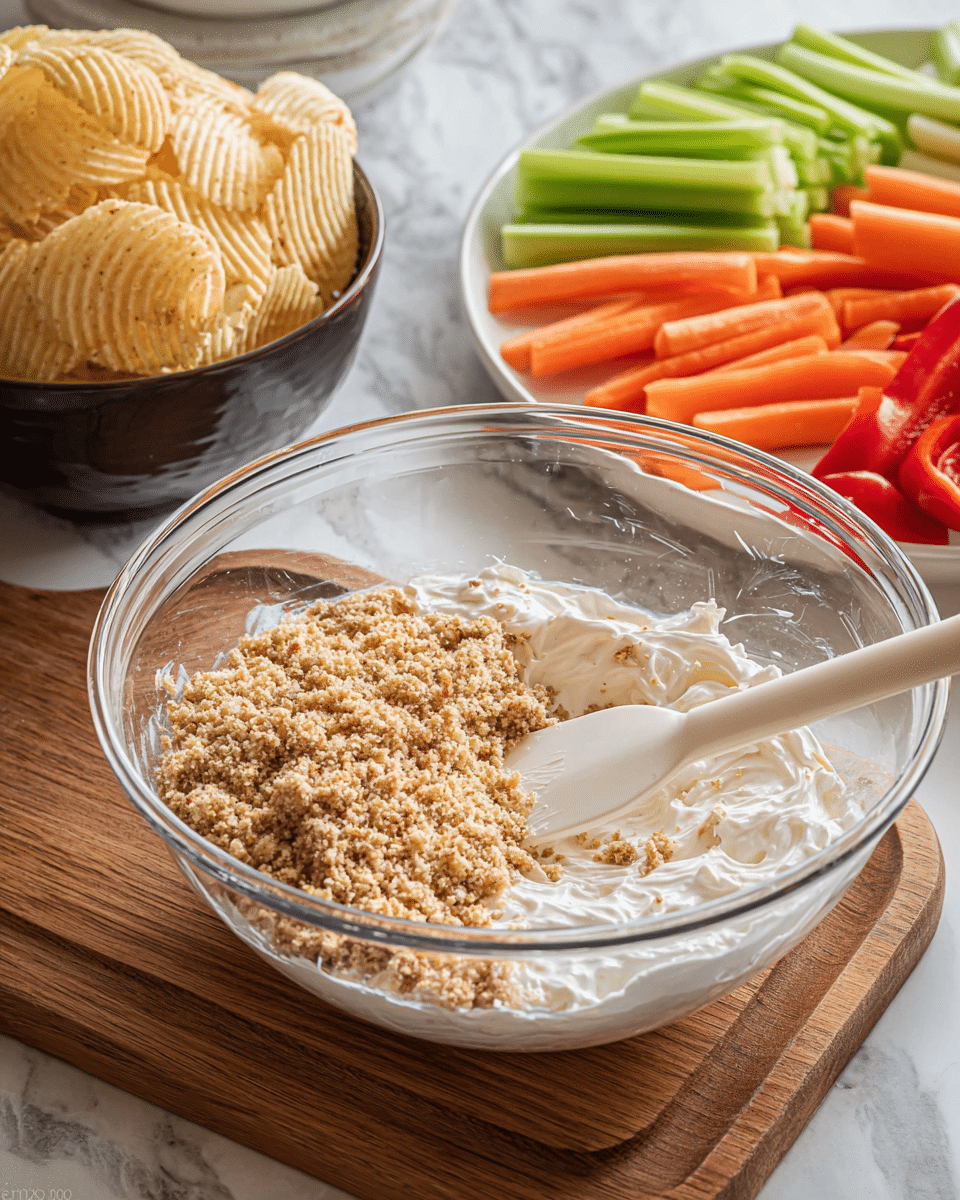 A clear glass bowl on a wooden board holds a mixture with two layers: the bottom layer is creamy white, thick, and smooth, while the top layer is a crumbly, light brown mixture with visible granules, partly covering the white layer. Inside the bowl is a white spatula with some of the mix on it. In the background, a dark bowl filled with ridged, pale yellow potato chips sits nearby, and a large white plate holds fresh cut veggies arranged in neat sections: green celery stalks on the right, bright orange baby carrots in front, and a row of light orange to red mini peppers toward the back. Everything is placed on a white marbled surface, photo taken with an iphone --ar 4:5 --v 7