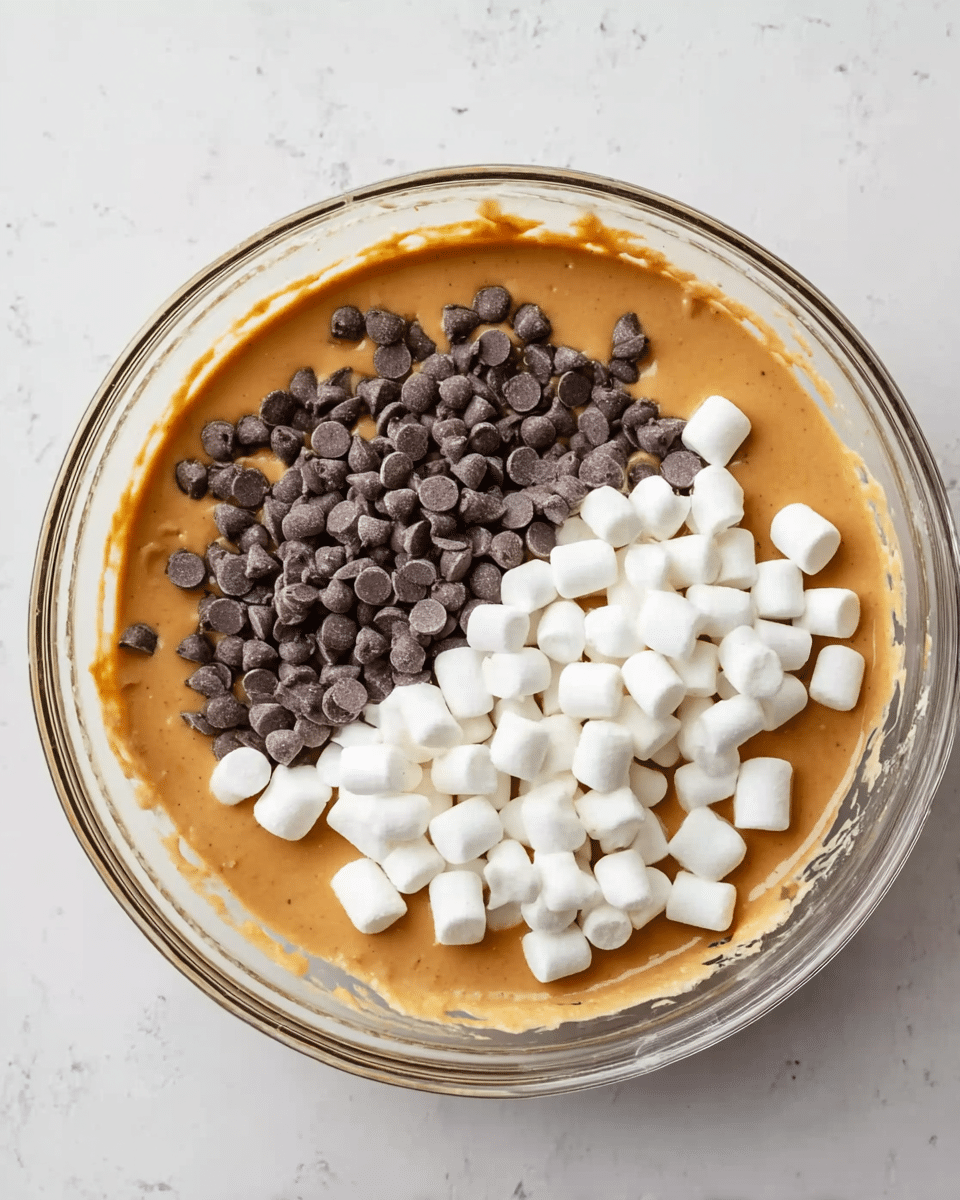 A clear glass bowl sits on a white marbled surface, filled with a smooth light brown batter as the base layer. On top, there are two piles side by side, one of small, dark brown chocolate chips on the left and the other of small, white mini marshmallows on the right, both resting neatly on the batter. The edges of the batter cling slightly to the bowl, showing a thick but soft texture. Photo taken with an iphone --ar 4:5 --v 7