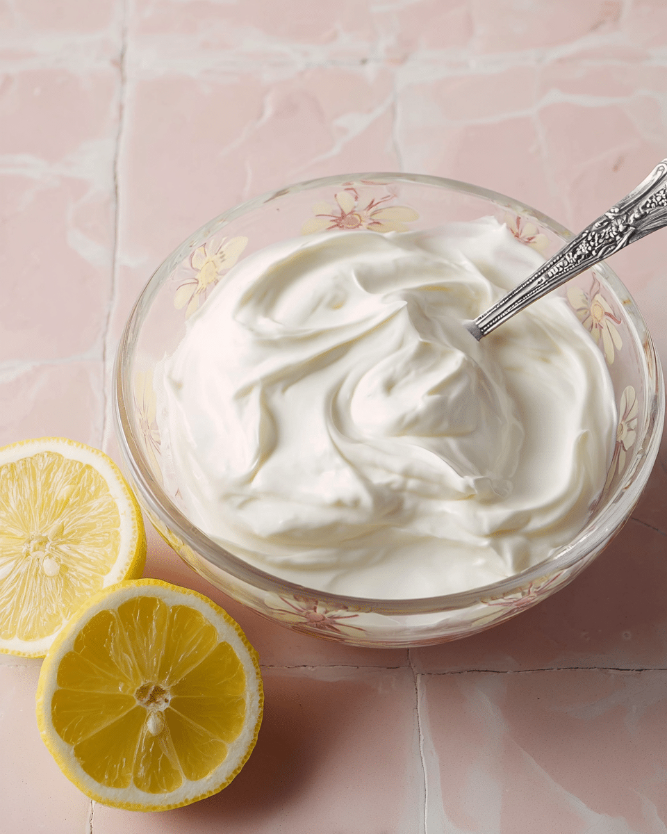 A clear glass bowl with floral designs on its sides is filled with a thick, smooth white cream, forming soft swirls on top. Inside the bowl, a decorative silver spoon with engraved patterns sits partially buried in the cream. Next to the bowl, two lemon halves rest on a light pink tiled surface changed to a white marbled texture, showing their bright yellow flesh and texture. The image is bright and focused from above, capturing the creamy texture and the fresh lemons clearly. Photo taken with an iphone --ar 4:5 --v 7