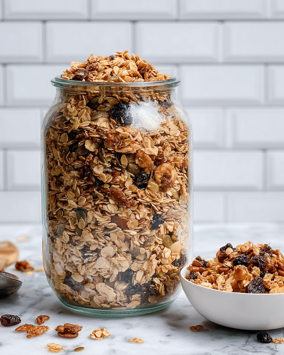 A clear glass jar filled with several layers of crunchy granola, showing varied textures and colors including light beige oats, dark brown nuts, pumpkin seeds, and raisins scattered throughout. The granola fills the jar up to the top, with some scattered pieces around its base on a white marbled surface. To the right, there is a small white bowl holding a portion of the granola mix, with visible oats and dried berries. The background features a blurred white brick wall. photo taken with an iphone --ar 4:5 --v 7