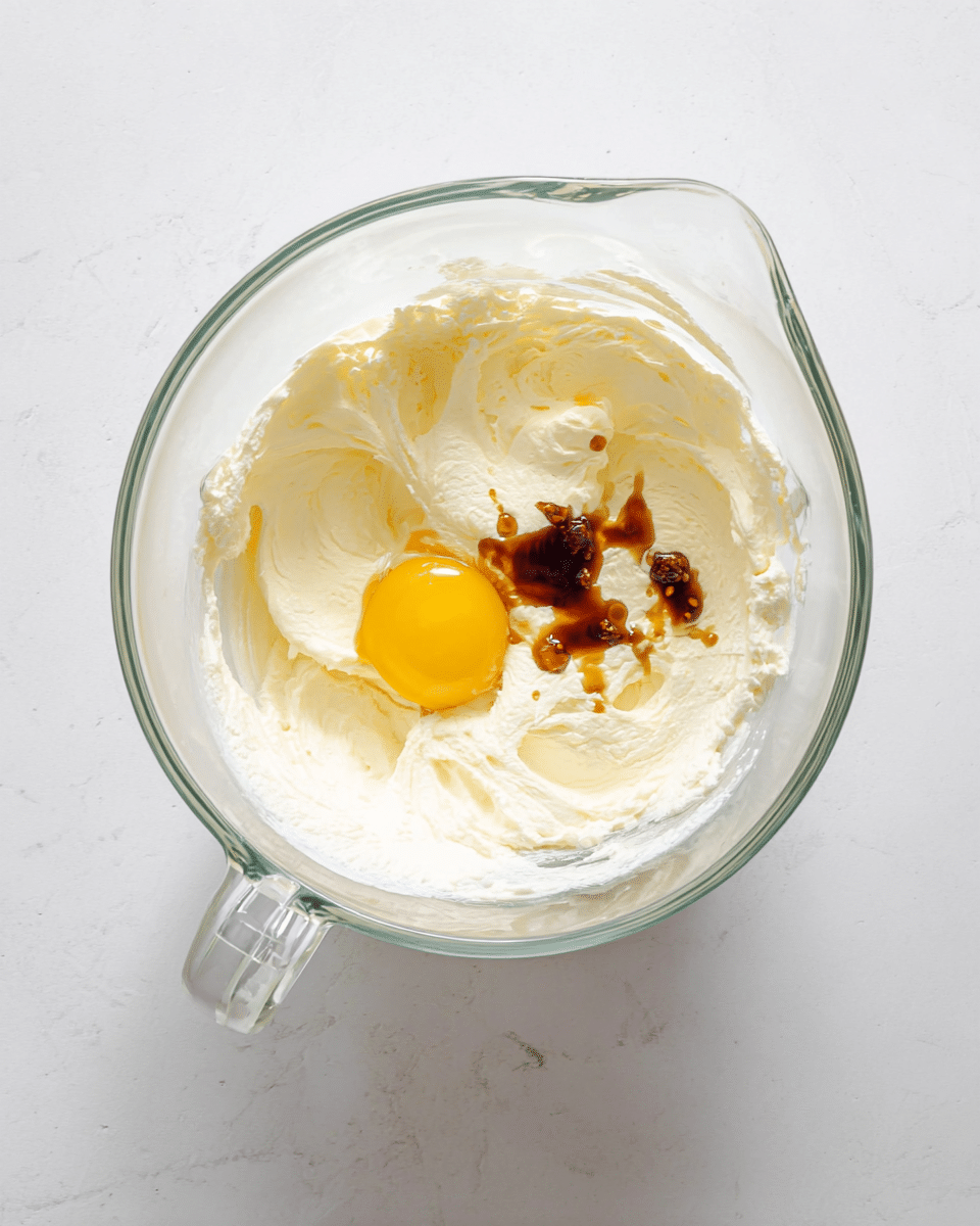A clear glass mixing bowl sits on a white marbled surface, filled with a thick, creamy white mixture. On top of this base, there is one bright yellow egg yolk placed slightly off-center. Next to the yolk, some dark brown vanilla extract drips down in small pools. The texture of the creamy base looks soft and fluffy, taking up most of the bowl’s space, while the egg yolk shines with a smooth surface. The bowl's handle is visible and clear, adding to the clean look of the scene. Photo taken with an iphone --ar 4:5 --v 7