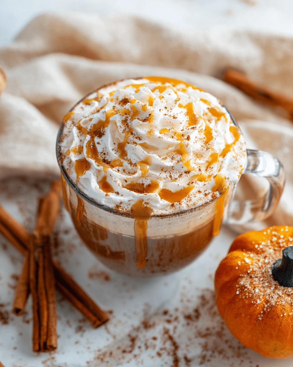 A clear glass mug filled with a drink topped with a thick layer of white whipped cream in a swirl pattern, drizzled with golden caramel sauce, and sprinkled with light brown cinnamon powder. The mug is placed on a white marbled surface, surrounded by a light beige cloth, two brown cinnamon sticks on the left, and an orange pumpkin with a small dark stem on the right, dusted lightly with cinnamon powder. Photo taken with an iphone --ar 4:5 --v 7