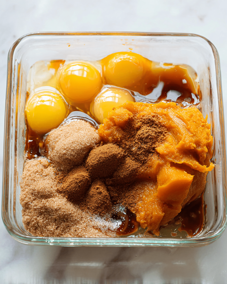 A clear glass square baking dish holds seven main ingredients arranged in layers. There are three whole raw eggs with bright yellow yolks and clear whites spread out in the dish, showing glossy textures. On the right, there is a smooth, bright orange pumpkin puree clumped together. Near the eggs, a heap of light brown sugar granules forms a rough-textured mound. Next to the sugar, a light brown powder, likely cinnamon, is sprinkled over the pumpkin and eggs, creating a soft but uneven layer. Dark brown vanilla extract pools near the eggs, adding a shiny liquid detail. The whole dish sits on a white marbled surface with soft light reflecting off the glass edges and ingredients. Photo taken with an iphone --ar 4:5 --v 7