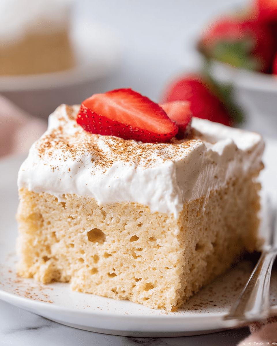 A close-up image of a square slice of light tan cake with a moist, airy texture and small holes throughout. It has a thick, smooth white cream layer on top with a light dusting of cinnamon powder. Two bright red strawberry slices are placed on the cream layer, adding a fresh touch. The cake sits on a white plate, with a silver utensil partially visible on the right side. The background features a white marbled texture with some blurred strawberries around. Photo taken with an iphone --ar 4:5 --v 7