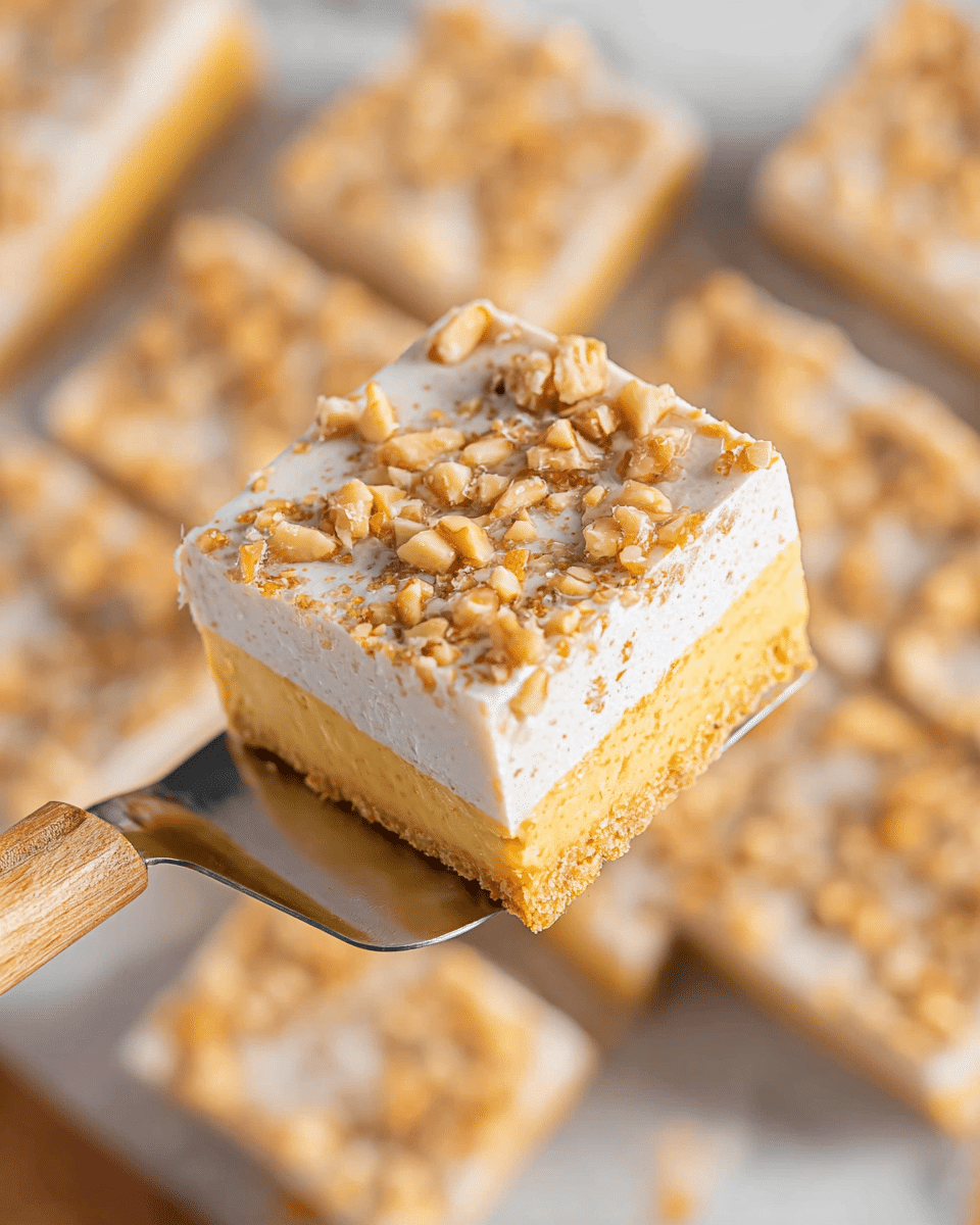 A close-up image shows a square dessert bar held by a spatula with a light wooden handle. The dessert has three layers: a golden yellow base layer, a smooth white middle layer, and a top layer covered with small, crunchy pieces of light brown nuts. The background features more of the same dessert bars, cut into squares arranged on a white marbled surface. The photo was taken with an iphone --ar 4:5 --v 7