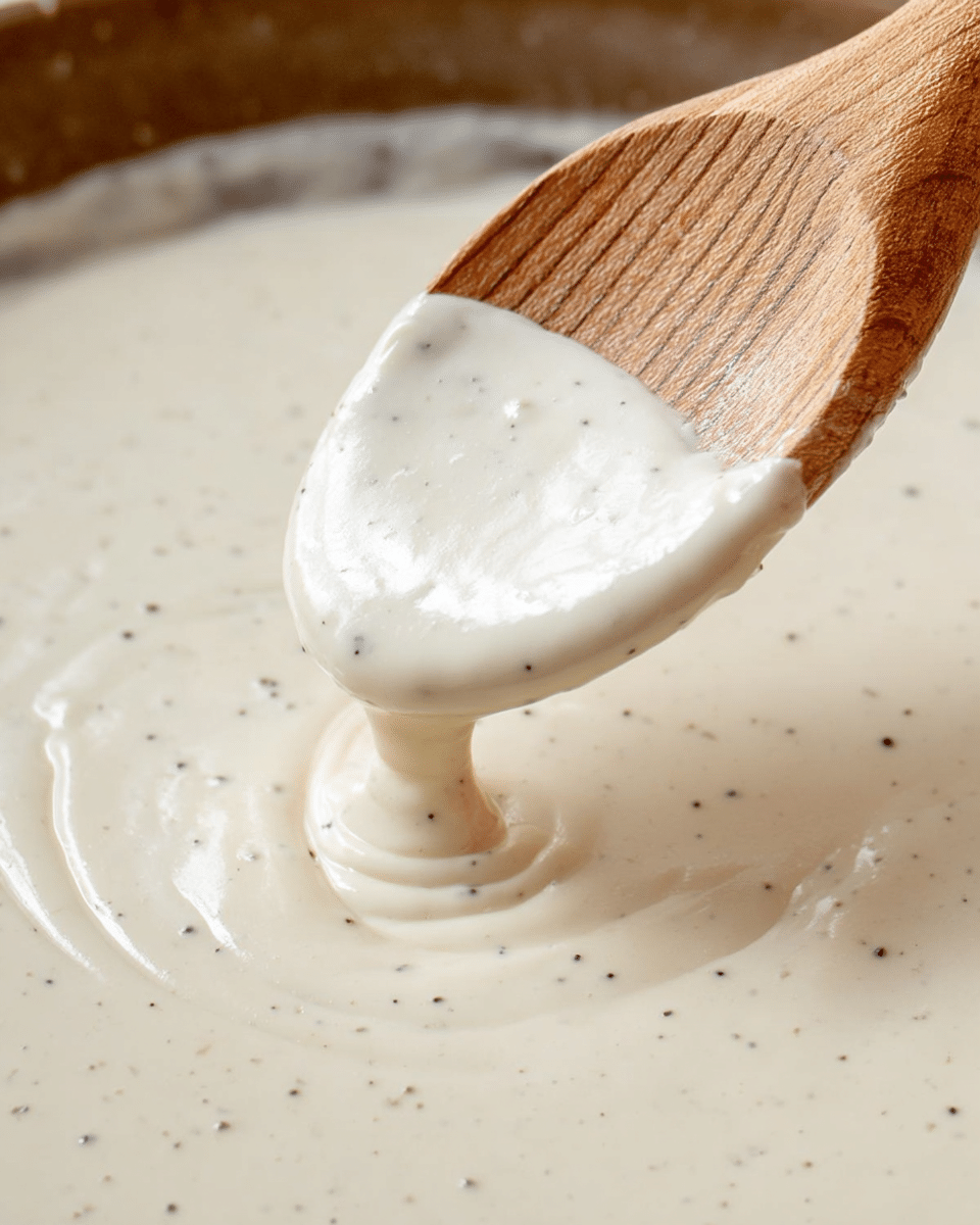 A close-up image shows a wooden spoon covered with thick, creamy white sauce that has small specks of black pepper throughout. The sauce is smooth and glossy, dripping slowly from the spoon. The background shows a large amount of the same sauce with a shiny texture in a bowl, which is set on a white marbled surface. The spoon and sauce fill most of the frame, highlighting the rich and thick consistency of the sauce. Photo taken with an iphone --ar 4:5 --v 7