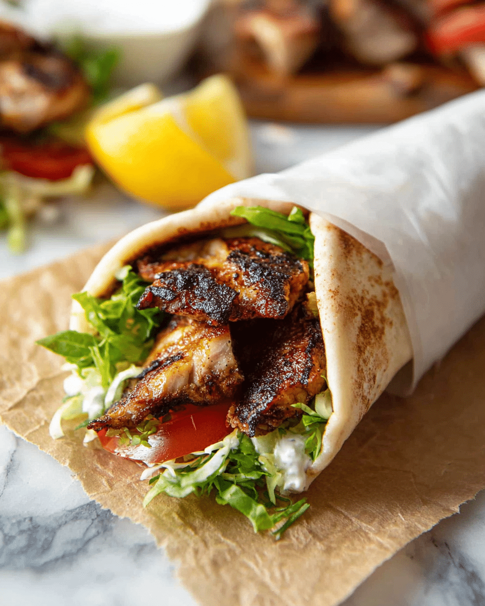 A close-up of a grilled chicken wrap shows three layers of dark brown grilled chicken pieces placed on top of bright green shredded lettuce, with a thin layer of white sauce underneath. A slice of red tomato is visible between the chicken and lettuce. The wrap is folded in a white pita bread, partially wrapped in white paper, resting on brown paper on a white marbled surface. In the background, a lemon wedge and blurred grilled chicken pieces can be seen. Photo taken with an iphone --ar 4:5 --v 7