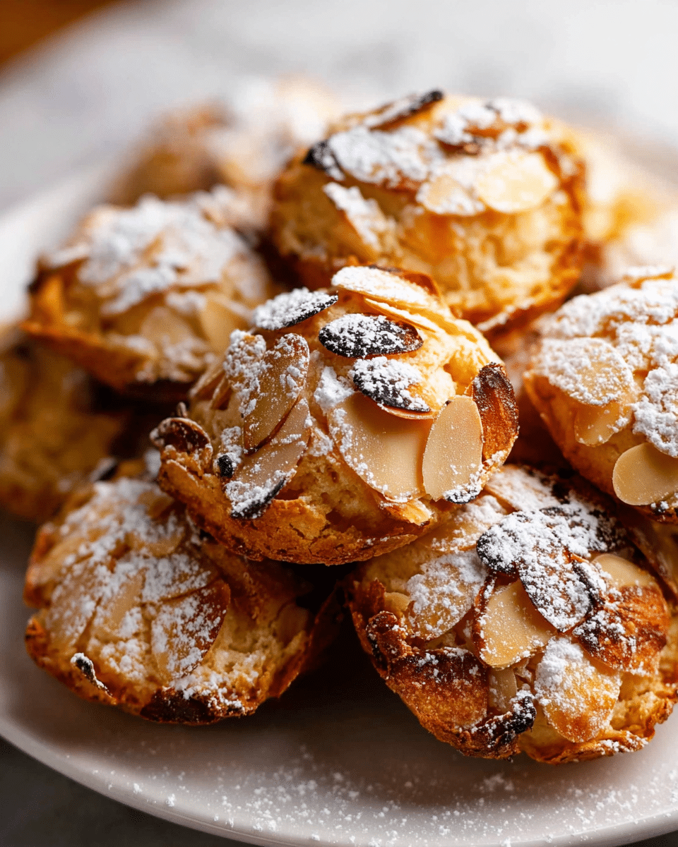 The image shows a pile of small round almond cookies on a white plate, each cookie covered with thin almond slices and dusted with powdered sugar, creating a light white layer on top. The cookies are golden brown with a slightly rough texture from the almond slices and are stacked in a loose pyramid shape. Around the cookies, powdered sugar is lightly scattered on the plate, adding to the soft, powdery appearance. A few dark dried cranberries or raisins are visible among the cookies, adding a dark contrast to the light colors. The plate is set on a white marbled surface with soft natural lighting. photo taken with an iphone --ar 4:5 --v 7