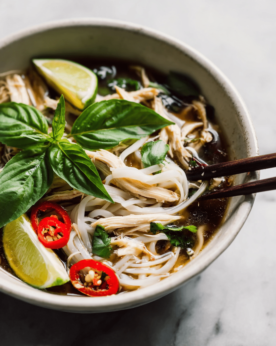 A close-up of a white bowl filled with light beige shredded chicken layered on top of thin white rice noodles in a clear dark broth. Bright green basil leaves and fresh green herbs rest in the center, alongside a wedge of lime on the left side. Thin slices of red chili add a pop of red color on the right. A pair of dark wooden chopsticks is placed on the right side of the bowl, resting over the noodles. The bowl is set on a white marbled surface. photo taken with an iphone --ar 4:5 --v 7