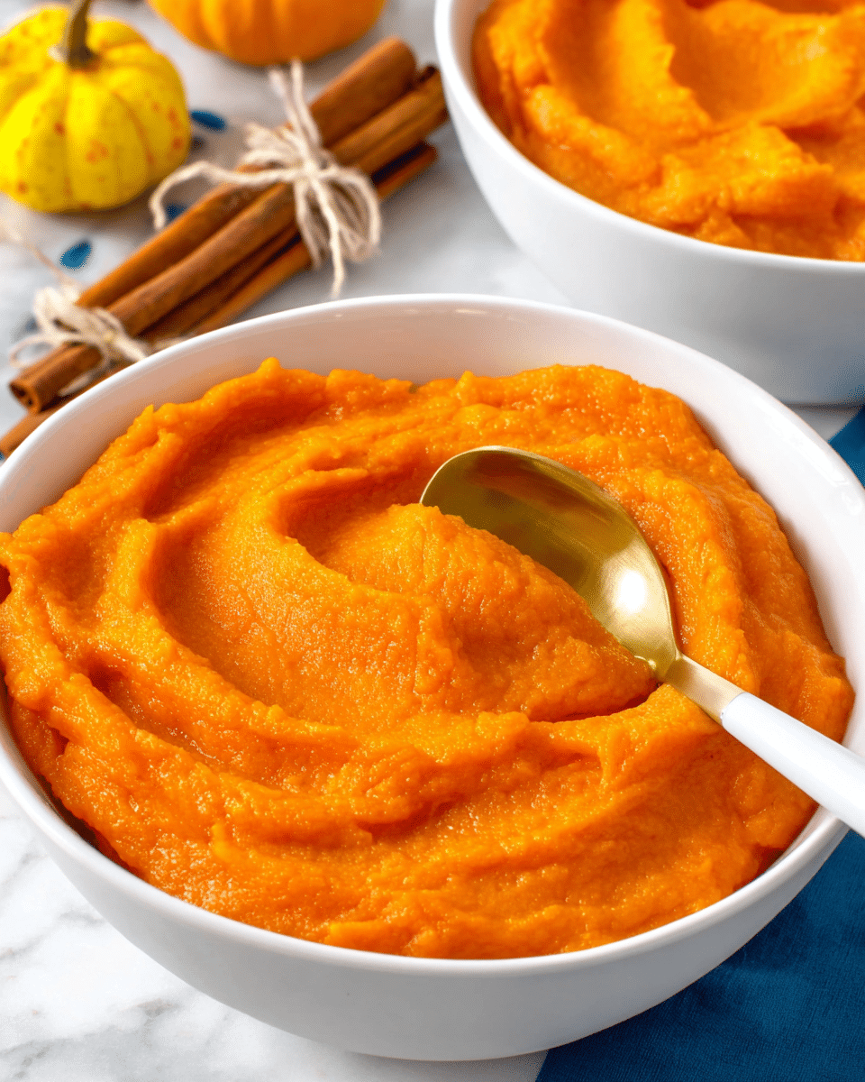 A close-up of a white bowl filled with smooth, bright orange mashed sweet potatoes, with visible soft swirls and texture from being spooned around. A gold spoon with a white handle is placed inside the bowl, resting against the mashed texture. In the background, another white bowl with the same orange mash is partially visible, along with some cinnamon sticks tied with string and a small yellow and orange decorative gourd. The items sit on a white marbled surface. photo taken with an iphone --ar 4:5 --v 7