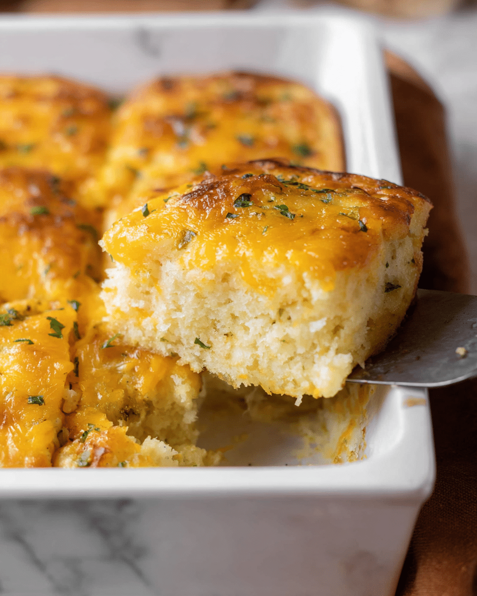 A close-up of a white rectangular baking dish filled with four golden brown baked casserole pieces in a single layer, each topped with melted cheddar cheese that has a bubbly and slightly crispy texture with small green herb bits sprinkled on top. One piece is lifted by a metal spatula revealing a soft, light, and fluffy interior with a moist crumb texture. The dish sits on a white marbled surface, with a warm blurred background. photo taken with an iphone --ar 4:5 --v 7