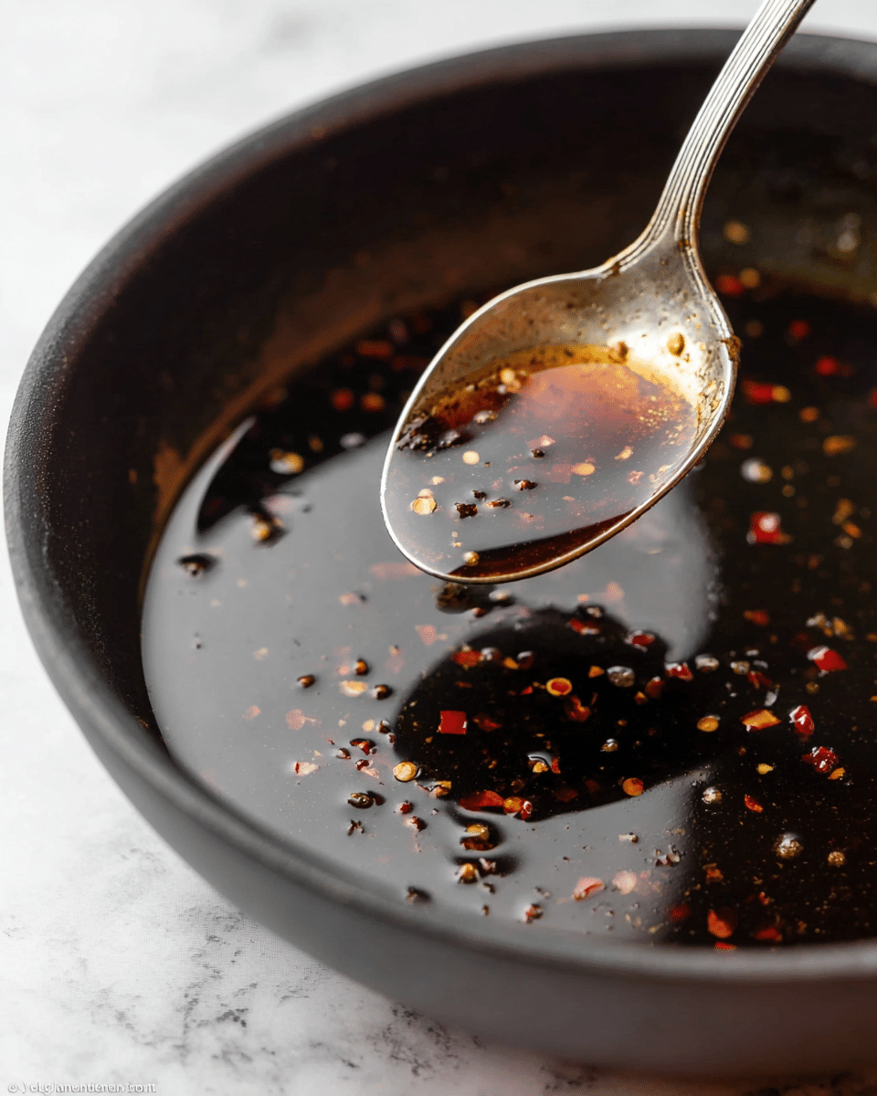 A close-up shot of a black pan filled with a dark, glossy liquid sauce that has small red chili flakes and black peppercorns floating in it. A silver spoon is held above the pan, scooping some of the sauce, showing its shiny, smooth texture mixed with the small red and black spices. The background is a white marbled surface. photo taken with an iphone --ar 4:5 --v 7