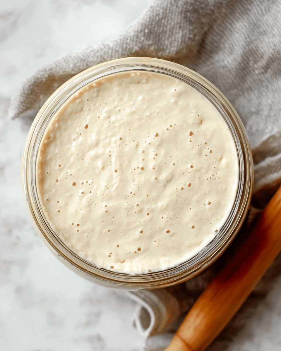 A close-up top view of a round glass jar filled to the top with a thick, light beige batter that has small bubbles spread all over its creamy surface, sitting on a white marbled texture with a folded grey cloth and wooden rolling pin partially visible on the side, showing a smooth and slightly textured mix ready for baking or fermenting photo taken with an iphone --ar 4:5 --v 7