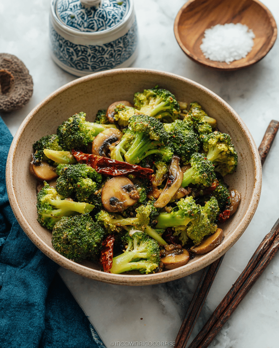A close-up view of a bowl filled with cooked broccoli florets, light green in color with tender stalks, mixed with sliced brown mushrooms and whole dried red chilies, all lightly coated in a glossy sauce. The bowl is light brown and sits on a white marbled surface. To the side, there is a small white jar with a blue pattern, a wooden bowl with coarse white salt, and a pair of dark wooden chopsticks resting near the bowl. A blue cloth is partially visible in the lower left corner. Photo taken with an iphone --ar 4:5 --v 7