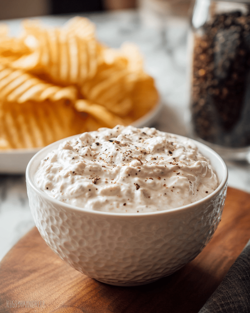 A close-up view of a thick, creamy white dip with small visible lumps, lightly sprinkled with black pepper on top, sitting in a white textured bowl at the bottom center of the image. Behind the bowl, toward the left, there is a blurred plate filled with golden, ridged potato chips. On the right, there is a blurred glass container filled with black peppercorns. The setting is on a wooden surface with a white marbled background, creating a cozy and inviting feel. Photo taken with an iphone --ar 4:5 --v 7
