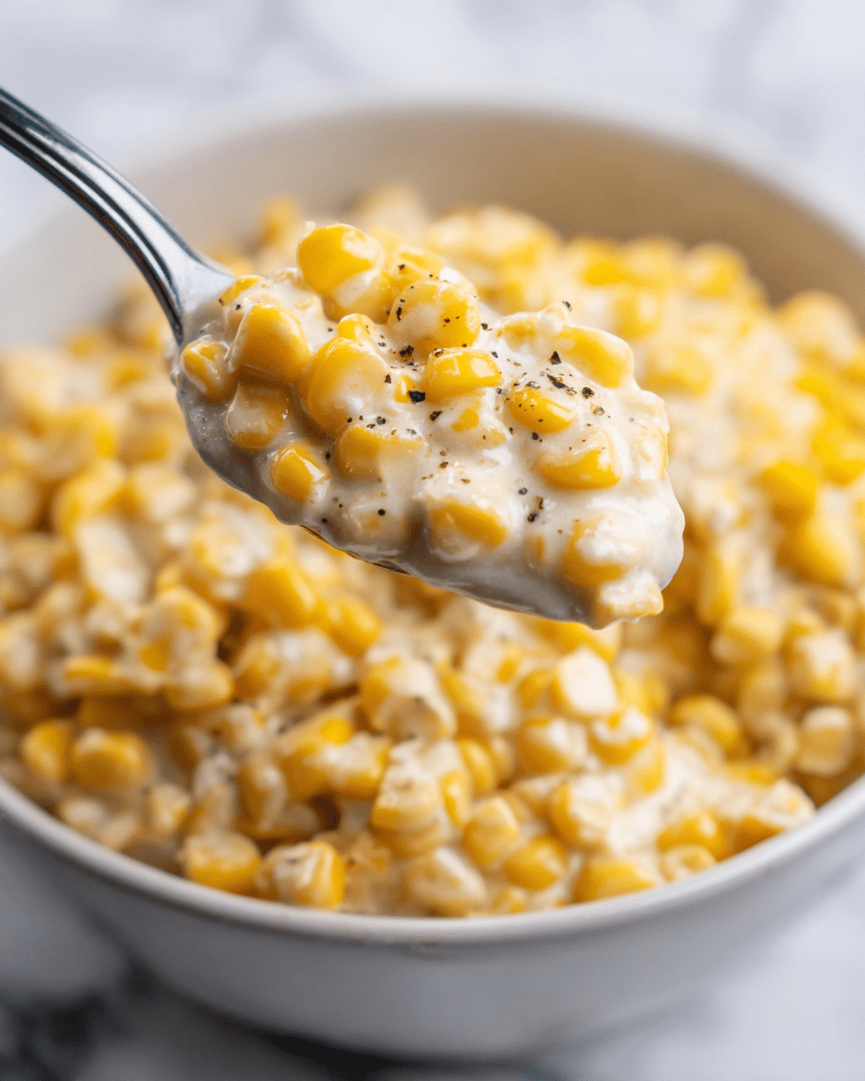 A close-up view shows a spoon lifting a creamy corn dish from a white bowl. The dish has one layer of bright yellow corn kernels mixed with a smooth, white, creamy sauce that coats the corn evenly. Small black specks of pepper are sprinkled on top, adding contrast to the creamy texture. The white bowl beneath holds more of this creamy corn mixture, set against a white marbled background. photo taken with an iphone --ar 4:5 --v 7