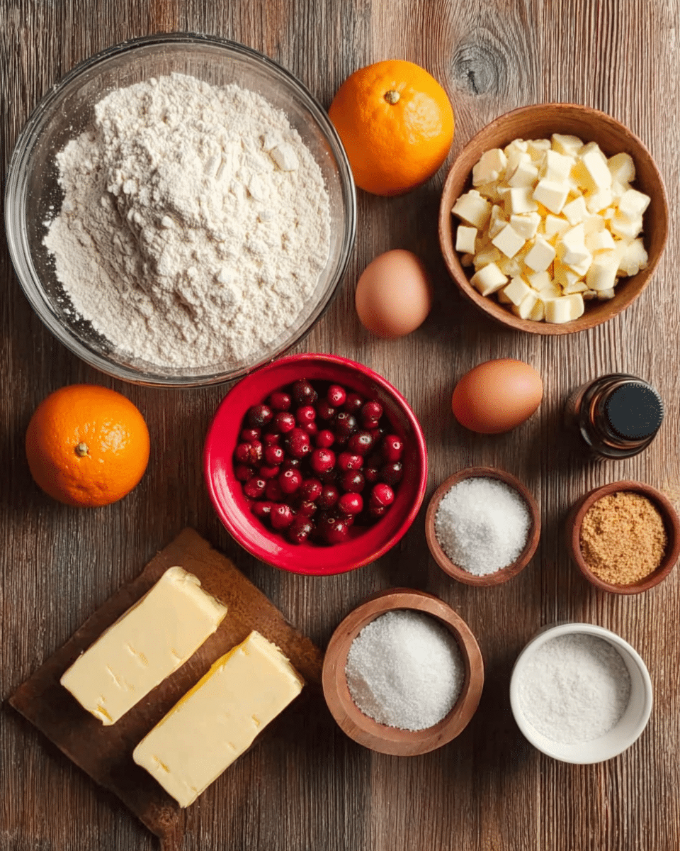 A collection of baking ingredients arranged on a wooden surface with a variety of textures and colors: a large clear glass bowl filled with white flour with small chunks visible, a red bowl next to it holding creamy off-white chips, a small wooden bowl with bright red and dark red round berries, and another small wooden bowl containing white salt; a tiny orange bowl holds white powder, and nearby there is a fresh round orange fruit, a single brown egg, two rectangular blocks of pale yellow butter, a cup of white granulated sugar, a cup of light brown sugar, and a dark brown bottle with a black cap, all placed closely together; photo taken with an iphone --ar 4:5 --v 7