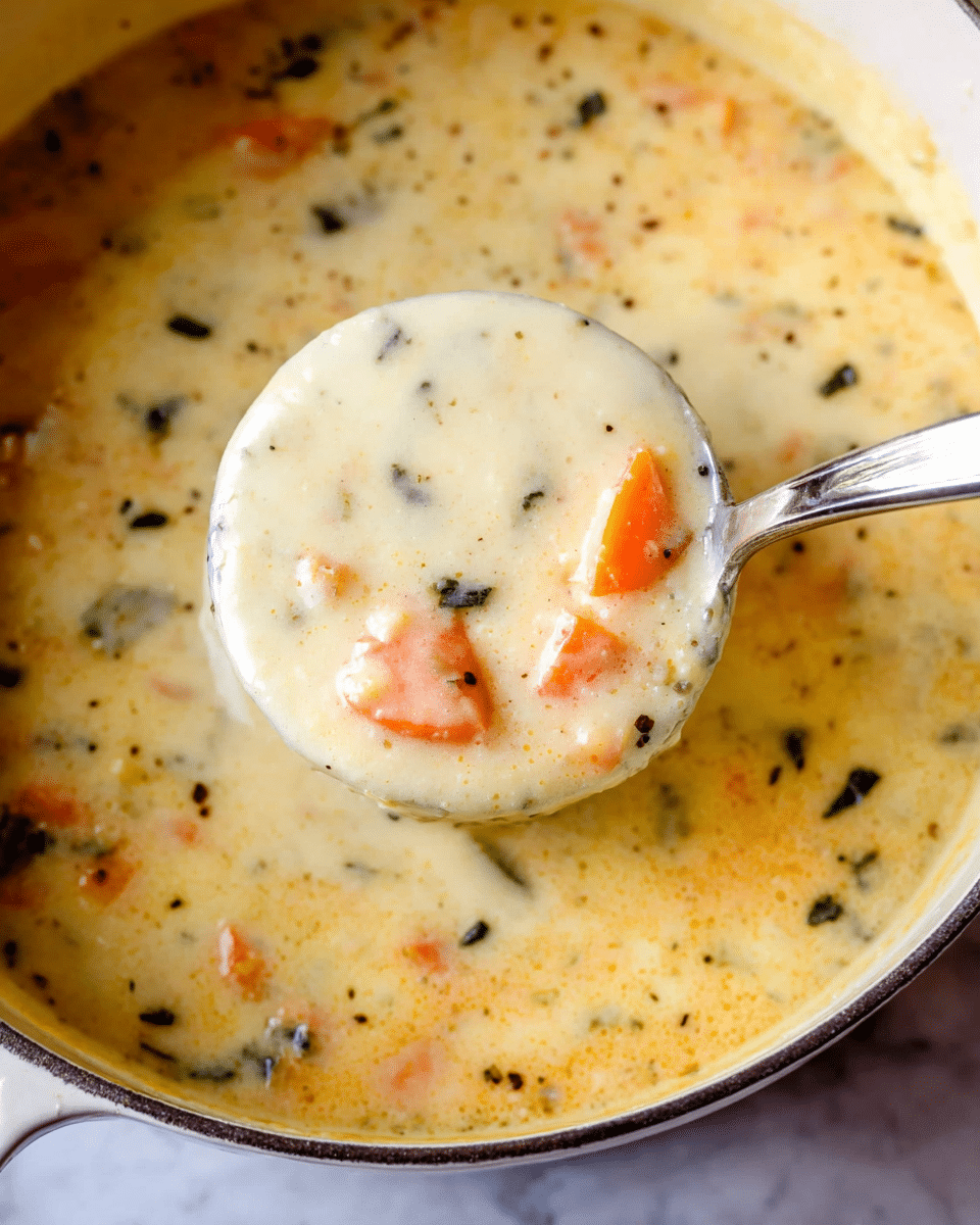 A creamy soup with a thick texture, showing orange carrot chunks and small dark green herbs scattered throughout, served in a white pot with a silver ladle scooping a portion of the soup. The soup has a pale yellow color base mixed with the orange and green pieces, creating a soft, rich appearance on a white marbled surface. Photo taken with an iphone --ar 4:5 --v 7