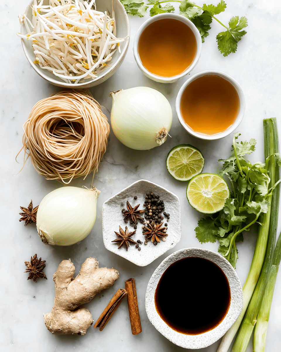 A flat lay of cooking ingredients on a white marbled surface showing two halves of a white onion placed near the center, three pieces of fresh light brown ginger root below them, and two light beige noodle nests on the left side. Above the onion halves, there are two small white bowls filled with a golden brown liquid, and to the bottom right, a small white bowl containing a dark soy-like sauce. On the right, a small white textured dish holds several star anise, black peppercorns, and a cinnamon stick. Fresh green cilantro and green onion stalks are placed along the top right edge, while two lime halves rest near the bottom right corner. A white bowl with white bean sprouts sits at the top left. Photo taken with an iphone --ar 4:5 --v 7