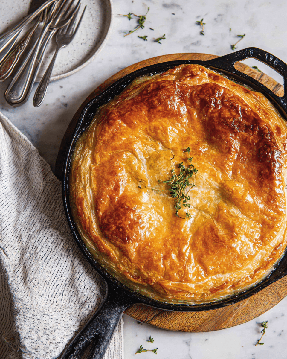 A golden brown pie with a shiny, crispy top crust made of four uneven layers of puffed pastry, baked in a black cast iron pan that sits on a wooden board. The crust shows slight cracking and glossy patches where it caught the light, with a small green sprig of fresh thyme in the center. Nearby, a white marbled table with a few thyme sprigs scattered around, a folded light gray and white striped cloth, and a white speckled plate holding three silver forks in the top left corner. Photo taken with an iphone --ar 4:5 --v 7