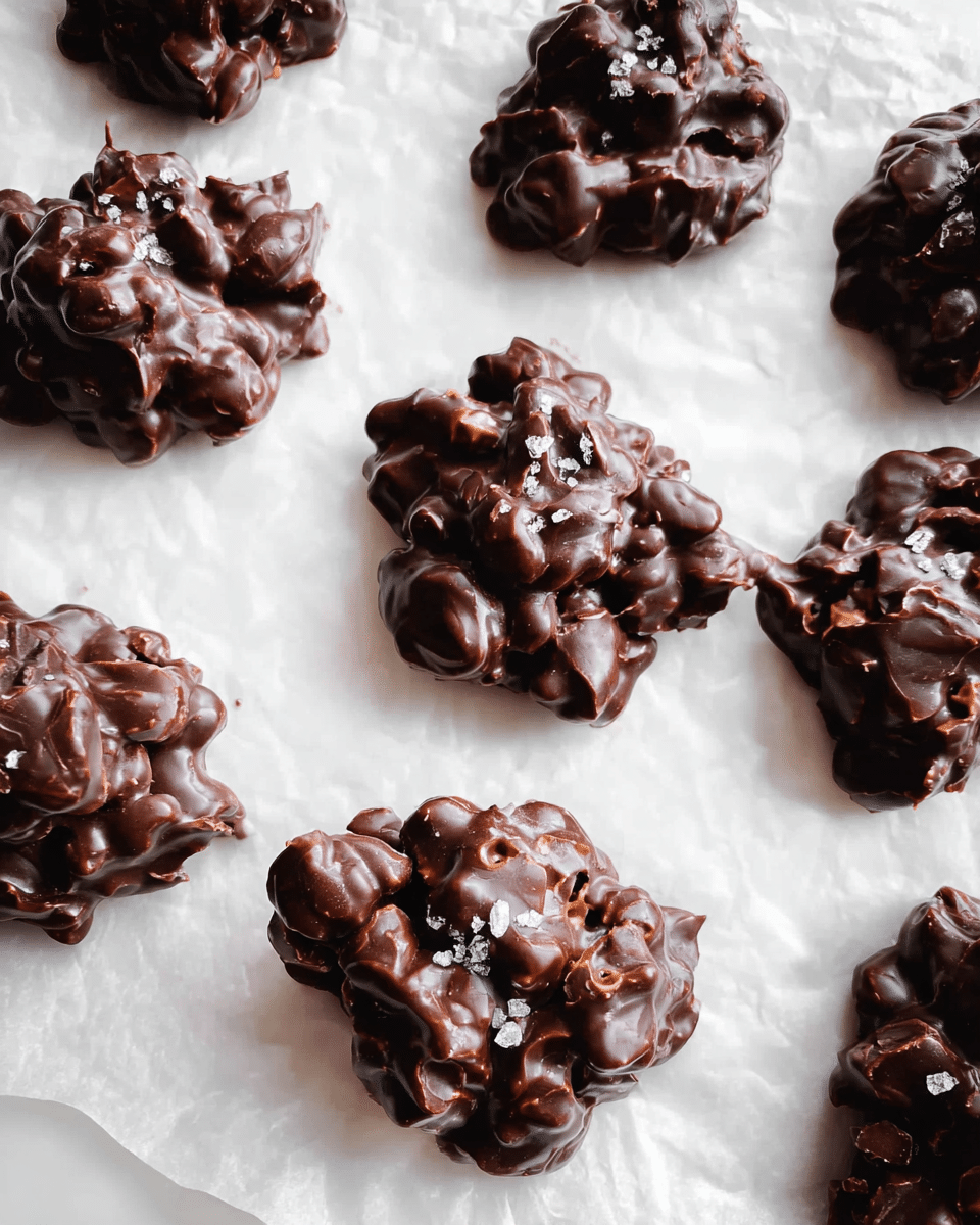The image shows a group of small dark chocolate clusters spread on white parchment paper placed on a white marbled surface. Each cluster is irregular in shape, with a thick layer of glossy, smooth dark chocolate covering nuts or similar irregular chunks inside, creating a bumpy texture. Small flakes of sea salt are sprinkled on top of each cluster, adding a hint of texture and light contrast to the shiny dark brown chocolate. At the top left corner, part of a clear glass bowl filled with melted dark chocolate is visible, with some chocolate streaks on its inner side. A crumpled beige cloth is placed in the upper right area of the image. Photo taken with an iphone --ar 4:5 --v 7