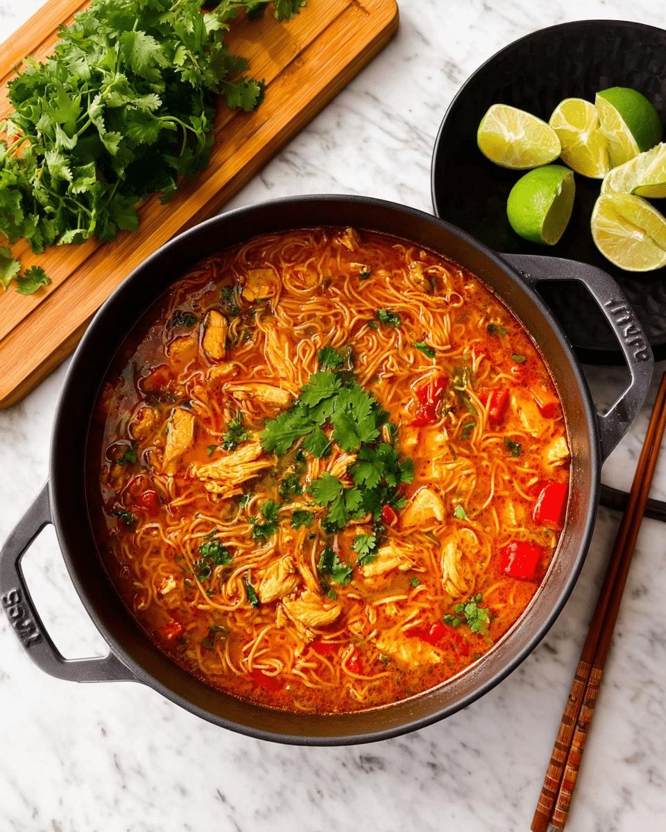 A large black round pot filled with a rich orange-red soup containing thin noodles and chunks of light-colored chicken, with pieces of red bell pepper and small green herbs visible throughout. Bright green cilantro leaves are scattered on top, adding a fresh pop of color. The pot is placed on a white marbled surface, next to a wooden board holding several lime wedges and a bunch of fresh cilantro. A black plate with wooden chopsticks rests nearby. Photo taken with an iphone --ar 4:5 --v 7