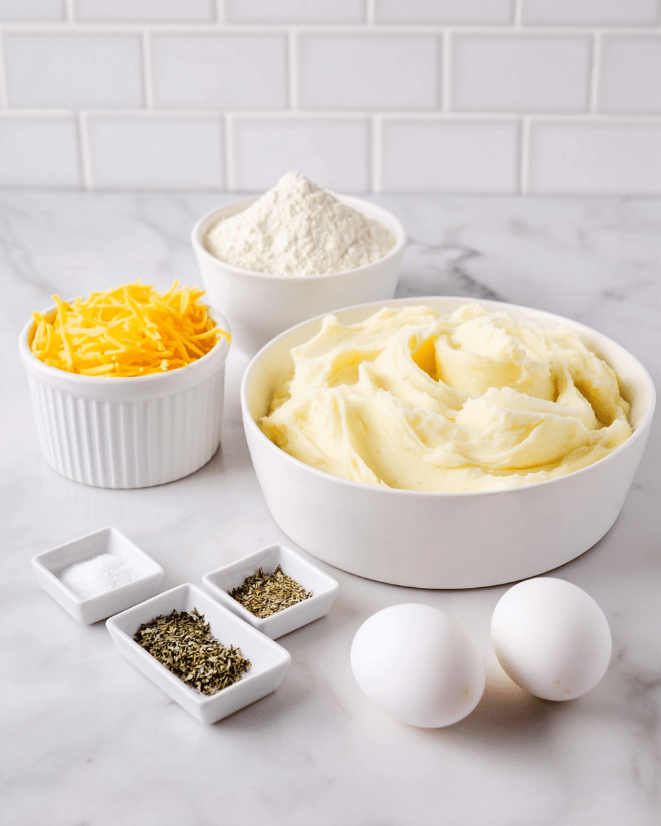 A large white bowl on the right is filled with smooth, creamy white mashed potatoes with soft peaks and swirls. To the left, there are two small white ramekins, the closer one filled with bright yellow shredded cheese and the one behind it holding a white powdery ingredient. In front of these ramekins, two white eggs lie on the white marbled surface. Three small white square dishes are placed in front of the eggs, containing salt, black pepper, and dried green herbs from left to right. The background has white subway tiles, all resting on a smooth white marbled surface. Photo taken with an iphone --ar 4:5 --v 7