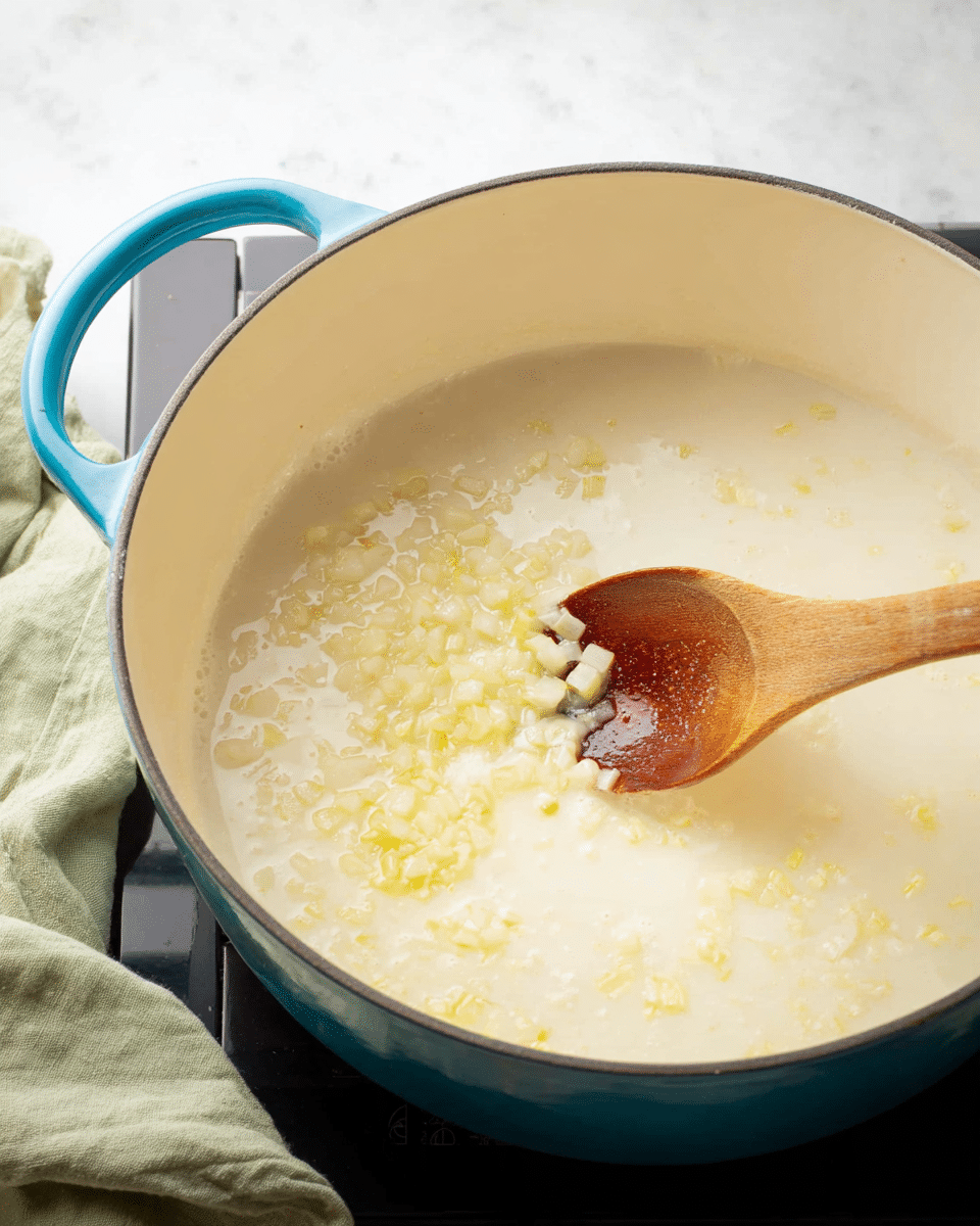 A light cream sauce with softened small diced onions and minced garlic is being stirred inside a large white pot with a blue handle, resting on a black stove top. The sauce has a smooth texture with small bits of onion floating on the surface, and a wooden spoon is mixing the ingredients, showing some diced onion pieces on its round end. The background features a soft green cloth on a white marbled surface. photo taken with an iphone --ar 4:5 --v 7