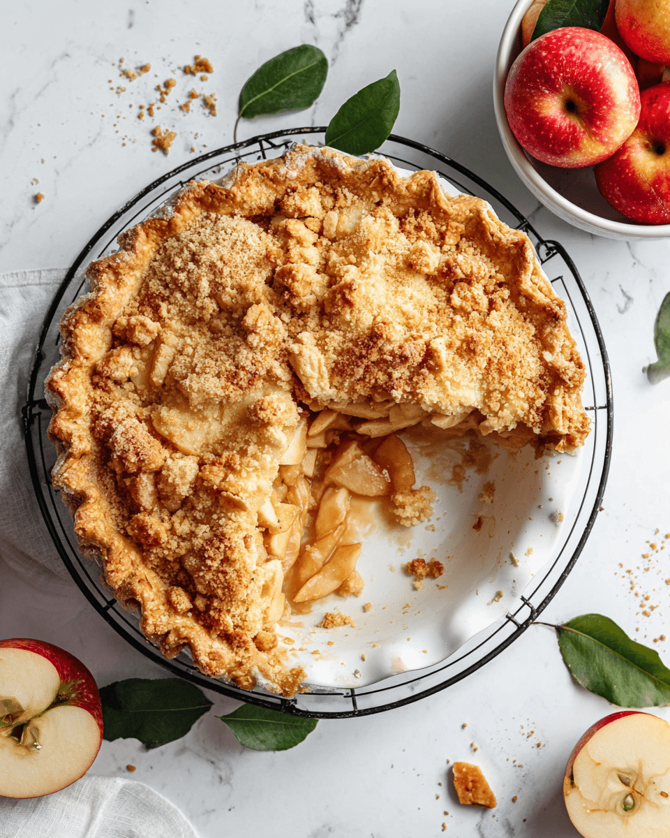 A round apple pie with a golden brown crust is shown with a large slice removed, revealing a juicy, light brown apple filling inside. The pie has a crumbly, slightly off-white topping scattered unevenly over the fruit layer. It is placed in a white pie dish on a round black cooling rack, all set on a white marbled surface. To the right, there is a white bowl filled with bright red apples, with a few green leaves mixed in. Several green leaves and some small beige pieces are scattered around on the surface, along with a halved and a whole red apple nearby. Photo taken with an iphone --ar 4:5 --v 7