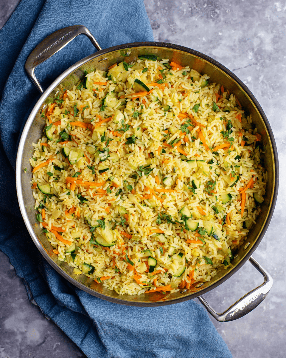 A round metal pan filled with cooked rice mixed with small pieces of green zucchini, thin orange carrot strips, and chopped green herbs, all evenly spread out and mixed together. The rice is light yellow and fluffy in texture, with scattered vegetable bits giving pops of green and orange colors throughout. The pan is placed on a light blue cloth, all set against a white marbled texture background. photo taken with an iphone --ar 4:5 --v 7