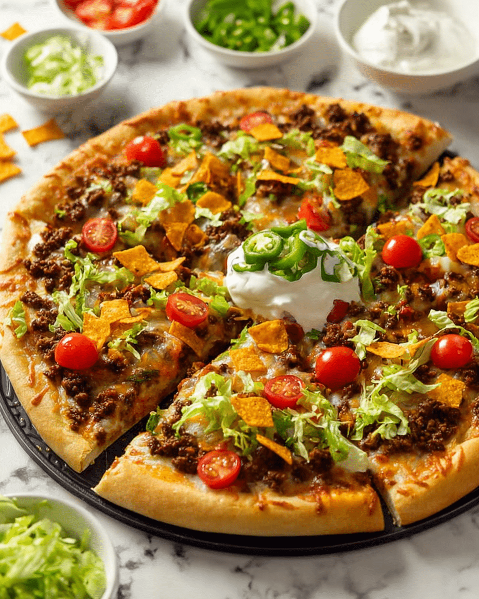 A round pizza is shown on a black pizza pan placed on a white marbled surface. The pizza has a thick, golden-brown crust forming the outer layer, with melted cheese spread over the dough. On top, a layer of browned ground meat is scattered evenly across the surface. Chopped green lettuce and small pieces of bright orange tortilla chips are sprinkled over the meat, adding texture. Halved red cherry tomatoes are spread across the pizza. In the center, there is a dollop of white sour cream topped with green sliced jalapeños and some finely chopped herbs. Around the pizza, small white bowls hold chopped green lettuce, halved cherry tomatoes, and extra sour cream. The photo is taken with an iphone --ar 4:5 --v 7