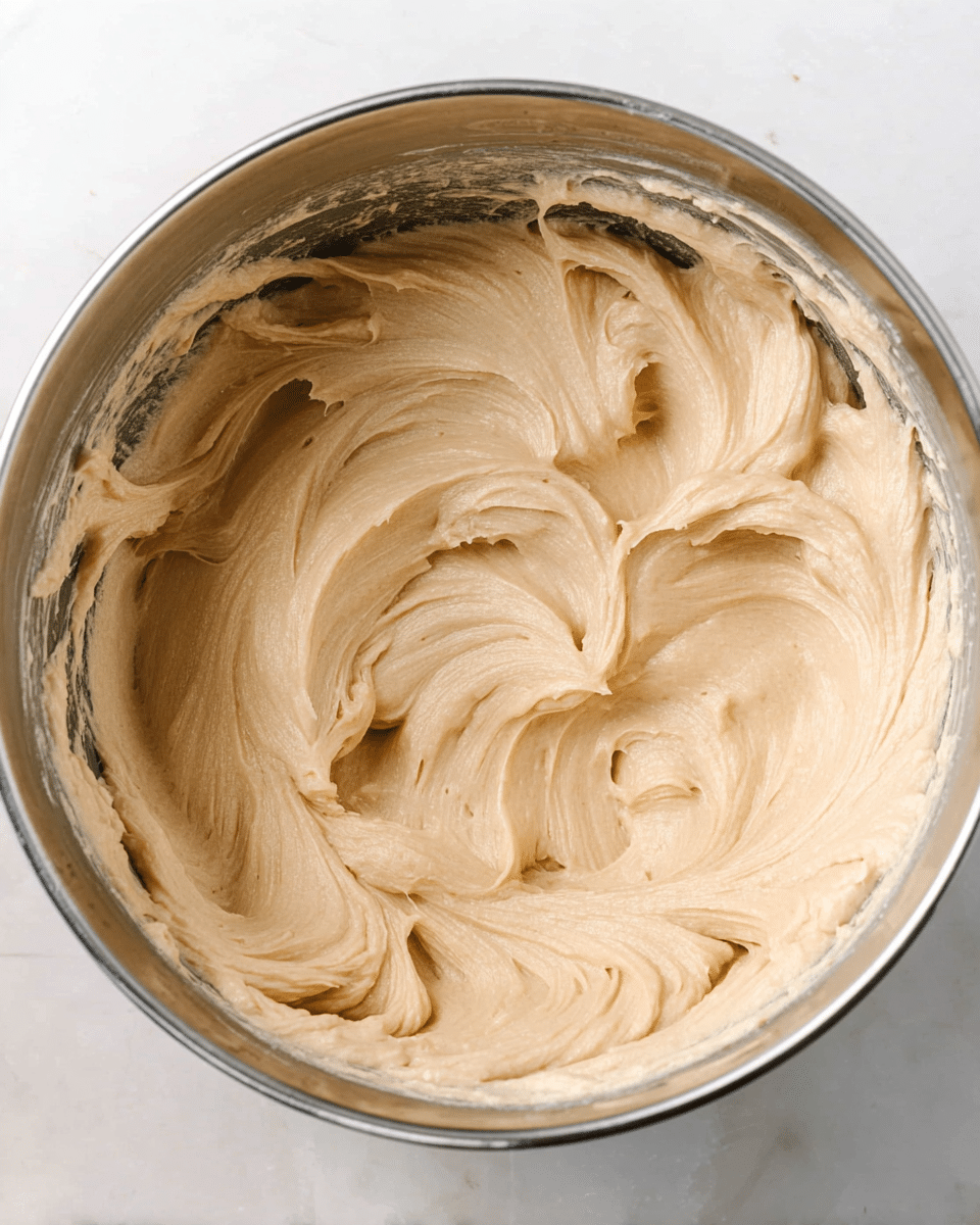 A shiny silver mixing bowl filled with a thick, creamy batter that is light beige in color with smooth, swirled textures. The batter is evenly spread inside the bowl with some peaks and soft folds visible on top. The bowl sits on a white marbled surface that contrasts with the batter’s soft tones. photo taken with an iphone --ar 4:5 --v 7