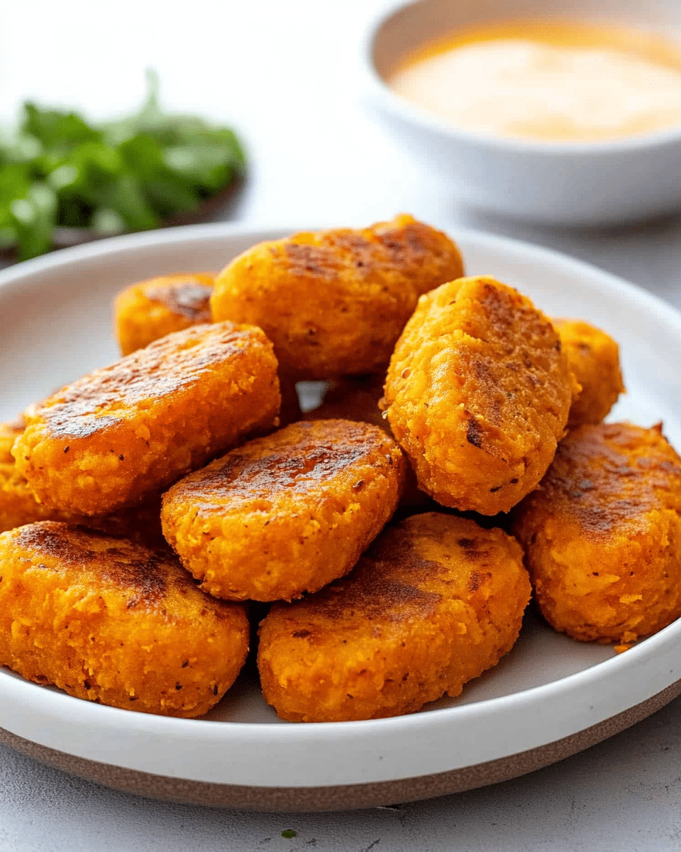 The image shows a basket lined with brown paper printed with red logos, filled with many small, round, golden-brown crispy bites. Each bite is uniformly sized and has a crunchy, textured surface. The basket is placed on a surface with a white marbled texture. The lighting highlights the warm, inviting color of the crispy bites, making them look fresh and appetizing. Photo taken with an iphone --ar 4:5 --v 7