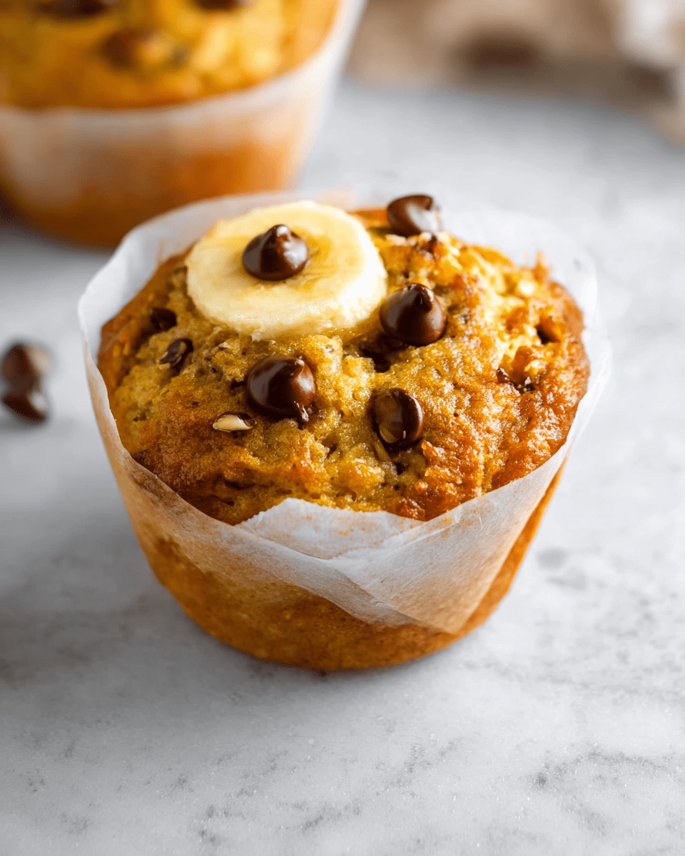 A single muffin wrapped in white parchment paper sits on a white marbled surface. The muffin has a golden brown color with a slightly rough texture from the baked batter. On top, there is one thin slice of banana, creamy yellow with a soft texture, crowned with several dark brown chocolate chips that look slightly melted. The muffin looks moist and fluffy on the inside with chocolate chips spotted throughout its surface. In the blurry background, there is another similar muffin. Photo taken with an iphone --ar 4:5 --v 7