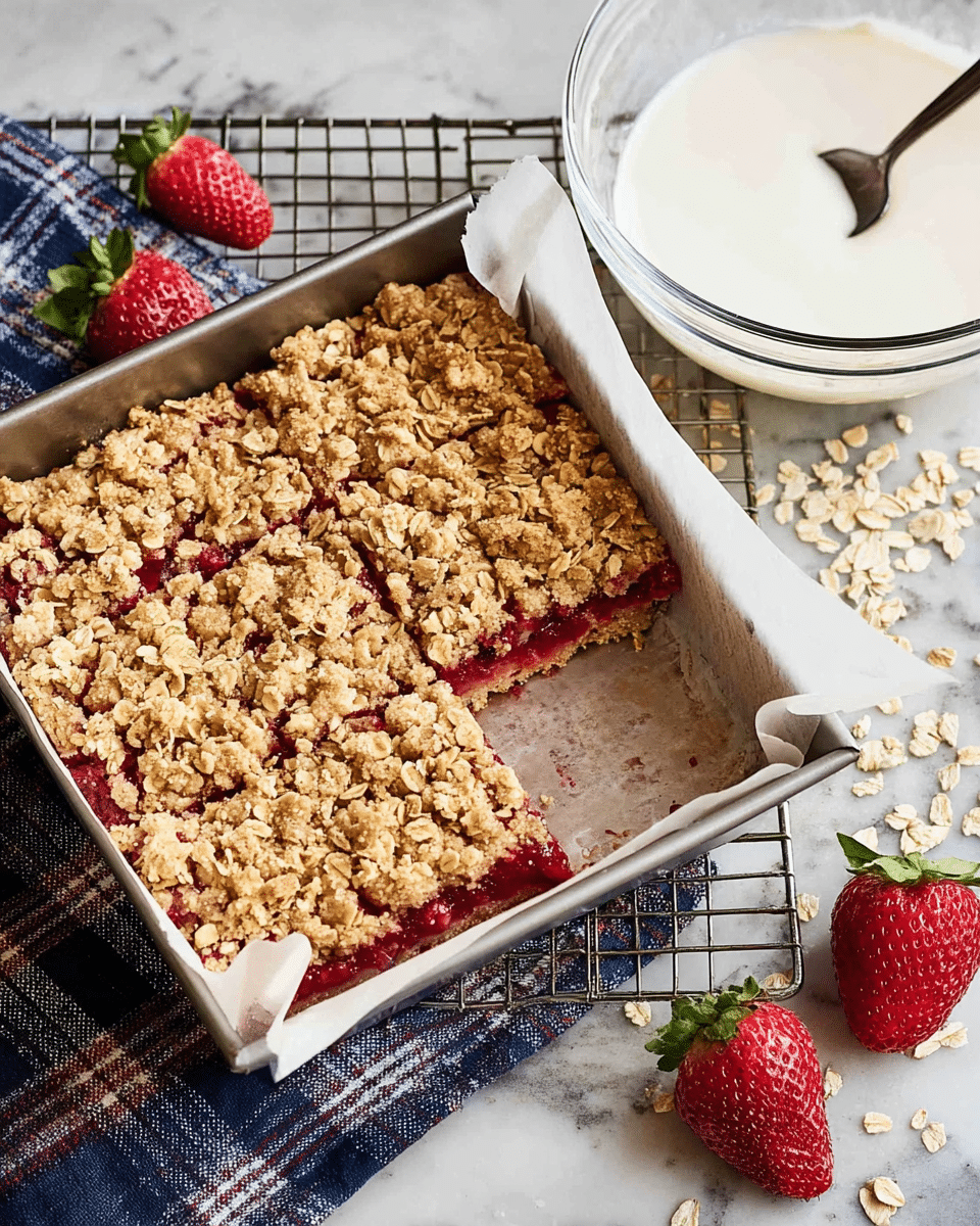 A square baking pan lined with parchment paper holds a dessert with two clear layers: a bottom red fruit layer with a juicy texture and a top crumbly oat layer that is golden brown and uneven, sprinkled with oat flakes. The pan sits on a metal cooling rack over a blue and white plaid cloth on a white marbled surface. Next to the pan, there is a clear glass bowl filled with white icing, with a fork resting inside it. A whole strawberry and a half strawberry with bright red color and green leaves are placed nearby. Some oat flakes are scattered on the surface. photo taken with an iphone --ar 4:5 --v 7