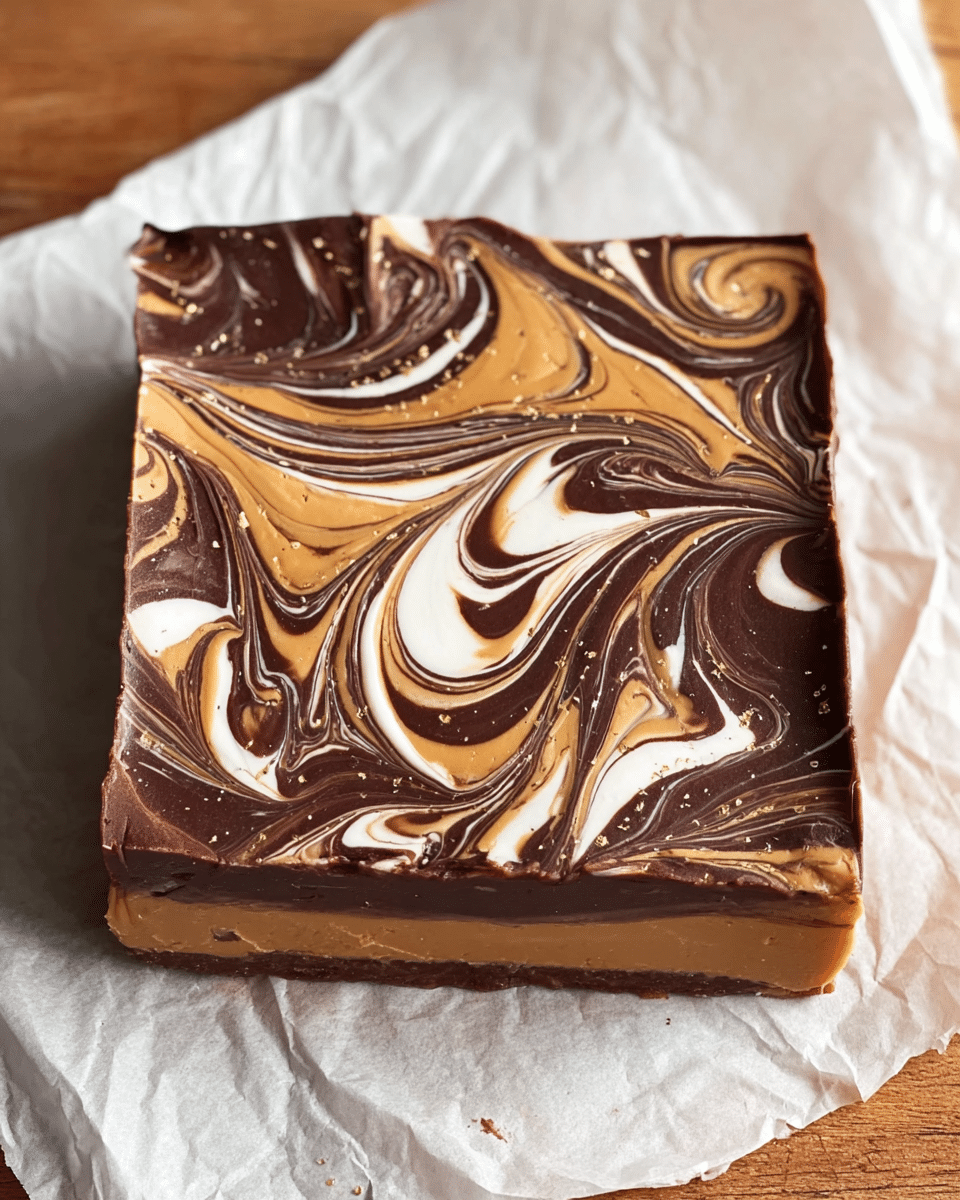 A square dessert with three visible layers is shown resting on crumpled white parchment paper on a wooden surface; the bottom layer is a smooth, light brown, silky base, the middle layer consists of swirled dark brown chocolate mixed with creamy white swirls and ribbons of caramel brown forming an intricate marbled pattern that covers the entire top surface with fluid, curving lines and little specks of light gold dust scattered on top. photo taken with an iphone --ar 4:5 --v 7
