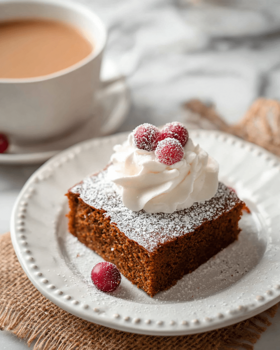 A square piece of moist, brown cake sits on a white plate with a detailed edge design. The cake is dusted lightly with white powdered sugar, and on top, there is a swirl of white whipped cream. Three small red cranberries covered in sugar crystals rest on the whipped cream, with one cranberry on the plate near the cake. In the background, there is a white cup filled with a light brown drink, likely coffee or tea, and the whole setting is on a white marbled surface with a piece of light brown burlap underneath the plate. photo taken with an iphone --ar 4:5 --v 7