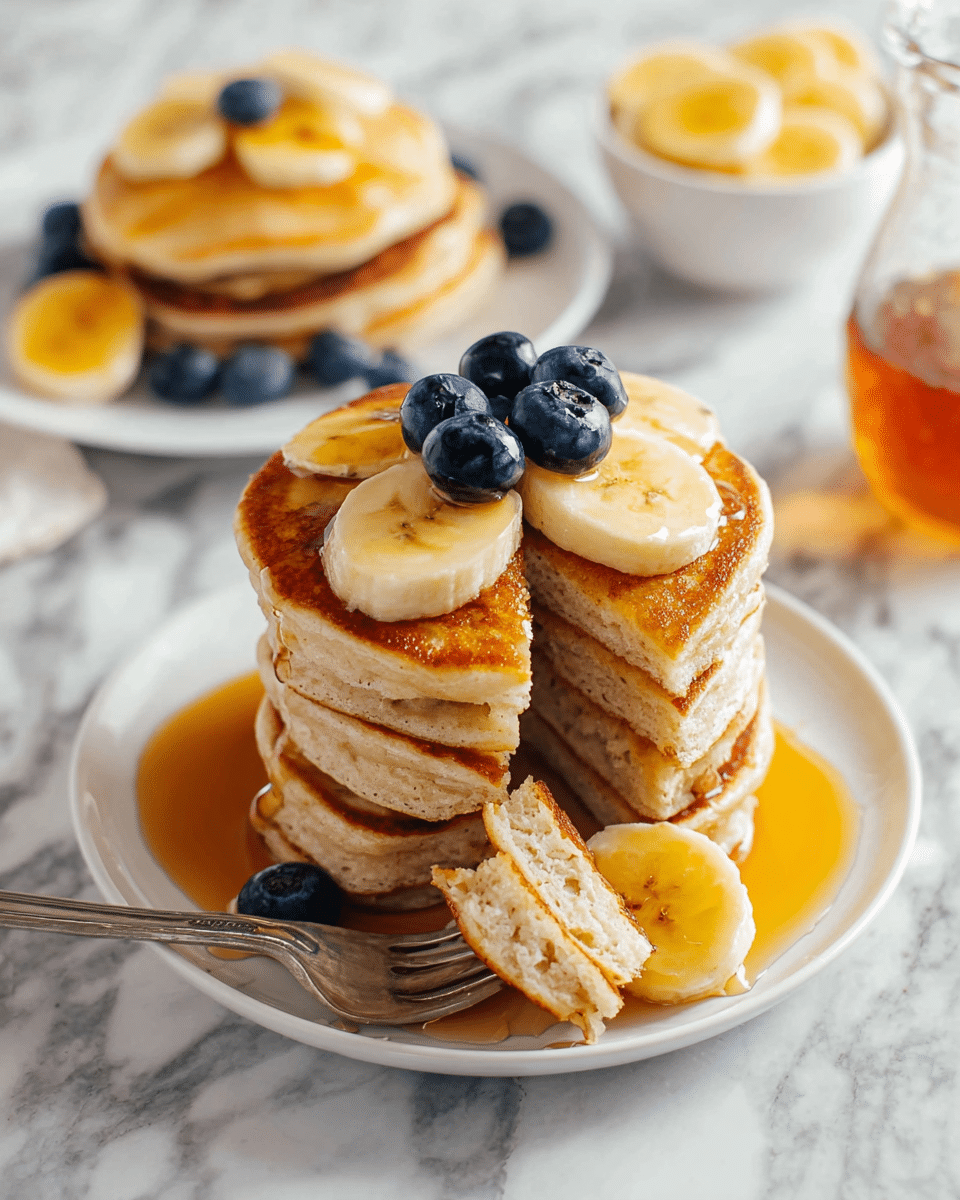 A stack of five thick pancakes is placed on a white plate with syrup pooling around the base, soaking the bottom pancake slightly. On top of the stack are three slices of banana and four plump blueberries arranged in a small cluster. Around the plate, there is one banana slice resting in the syrup, and a silver fork holds a triangular piece of pancake lifted from the stack. The background features another white plate with a smaller stack of pancakes topped with banana slices against a white marbled surface. A glass syrup jar and a white bowl with banana slices are softly blurred in the back. Photo taken with an iphone --ar 4:5 --v 7