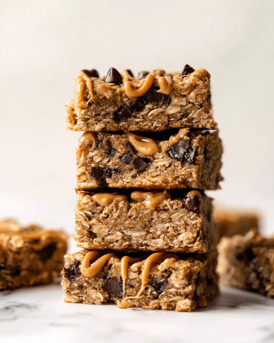 A stack of four thick square oatmeal bars with visible dark chocolate chunks inside, each bar showing a rough, textured surface with oats and melted chocolate. The top bar has a light drizzle of peanut butter on it, adding a smooth, creamy layer that contrasts with the chewy texture of the bars. The background and surface below the stack show a clean white marbled texture, with more bars blurred softly in the background. The photo taken with an iphone --ar 4:5 --v 7