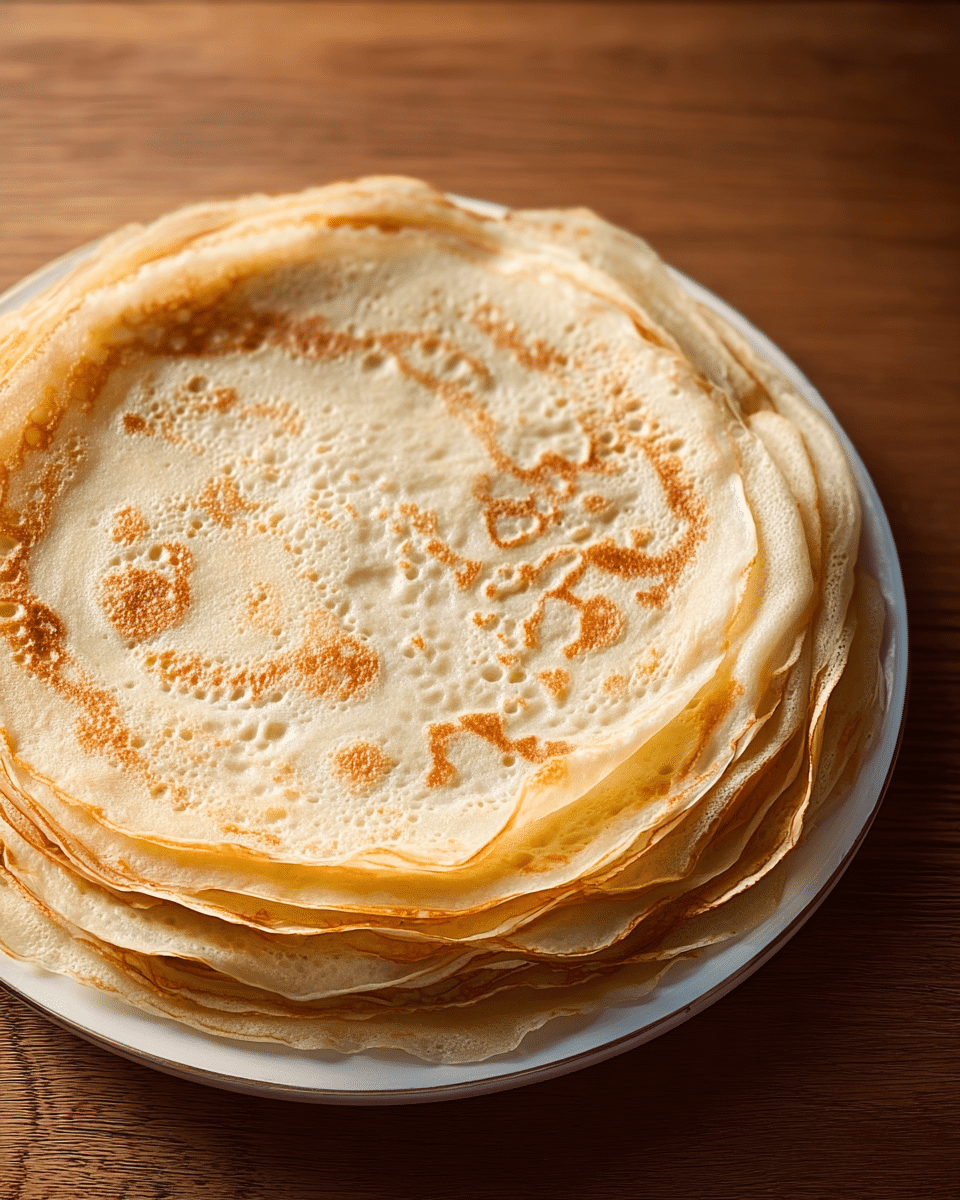 A stack of thin crepes with lightly browned spots on top is neatly piled in about 12 layers on a white plate. The crepes have smooth edges slightly curling upwards, showing their thin and soft texture. The stack sits on a wooden surface with a warm tone. The lighting highlights the light golden color and the subtle bubbles on the crepes. photo taken with an iphone --ar 4:5 --v 7