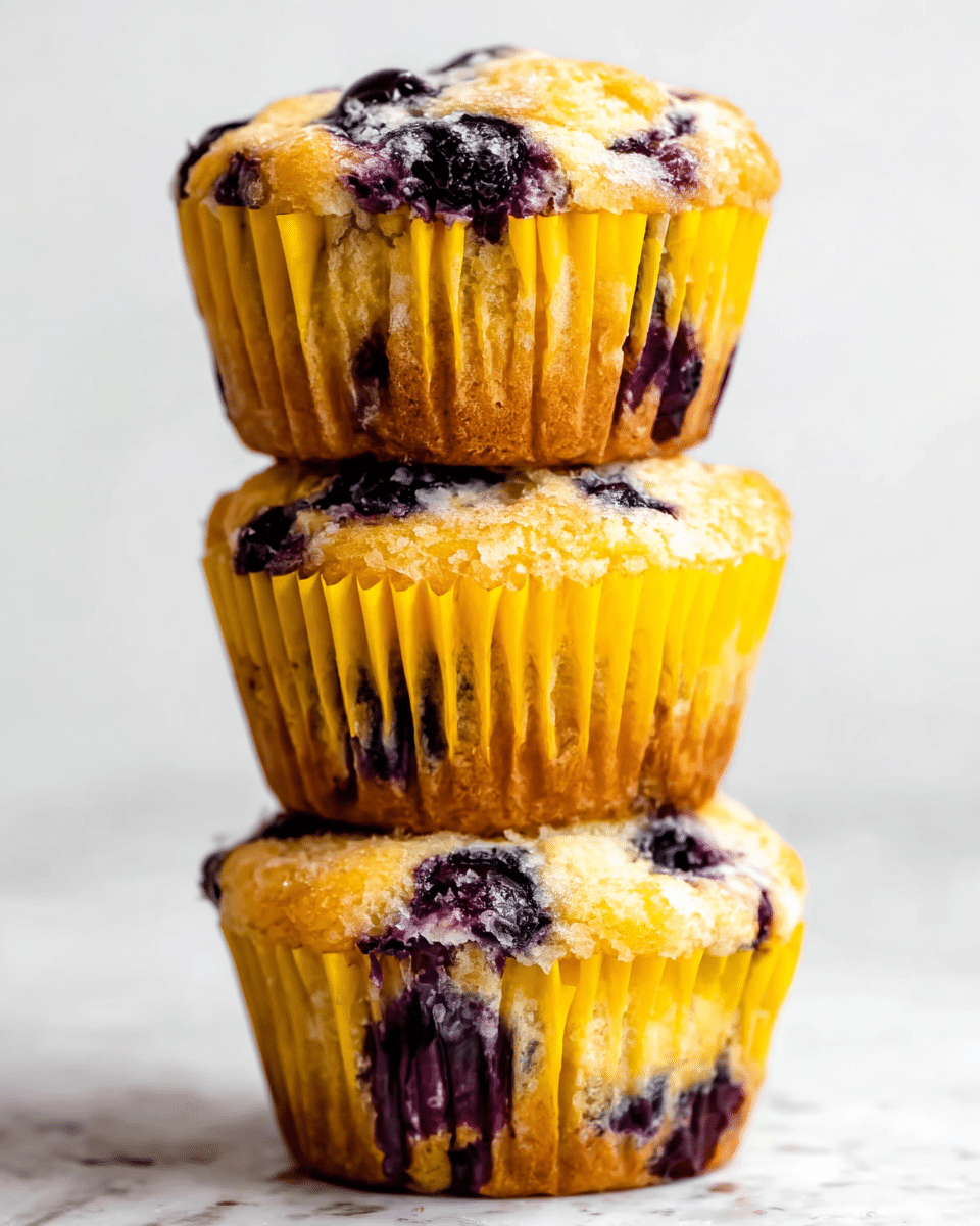 A stack of three golden-yellow blueberry muffins is shown against a white marbled surface background. Each muffin has a textured, slightly cracked top with dark purple blueberries visible both inside and on the surface, creating a contrast against the light, soft-colored batter. The muffins are wrapped in crinkled, bright yellow paper liners that highlight the warm color of the baked treats. The stack is centered, displaying the muffins closely stacked one on top of another. photo taken with an iphone --ar 4:5 --v 7