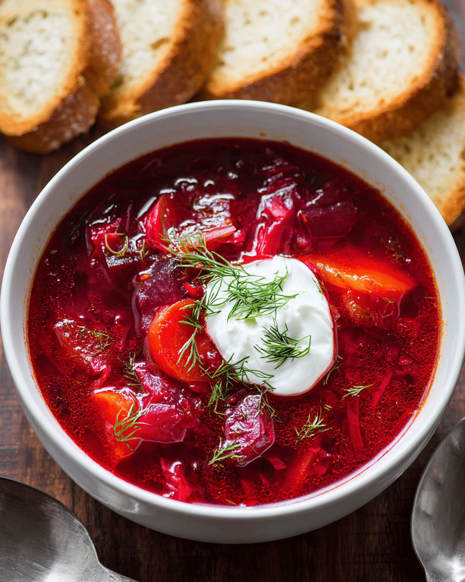 A white bowl filled with bright red soup showing slices of soft carrots and chunks of cooked beets and other vegetables in a rich, slightly thick broth. On top, there is a dollop of smooth white sour cream and a small sprig of fresh green dill. The bowl sits on a wooden surface with round slices of toasted bread arranged around it, and a large silver spoon is placed nearby. The colors are warm and inviting with a mix of red, orange, green, and white, all set on a white marbled texture photo taken with an iphone --ar 4:5 --v 7