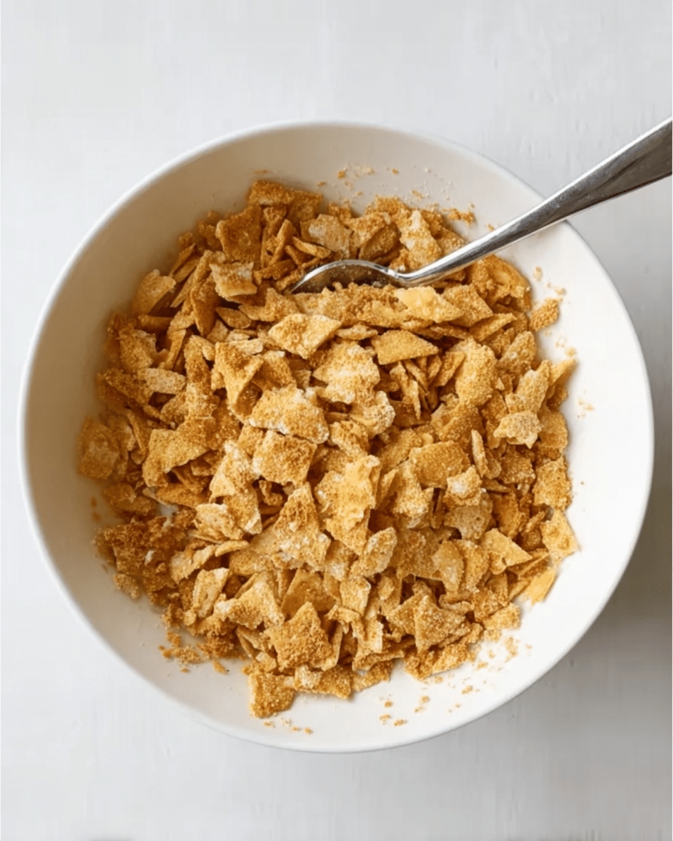 A white bowl filled with broken golden brown crackers that have a rough and crumbly texture. The crackers are shattered into many small and medium pieces with some powdery crumbs mixed in. A silver metal spoon is resting in the bowl on the left side, partly buried in the crackers. The bowl is placed on a white marbled surface, giving a clean and simple background. photo taken with an iphone --ar 4:5 --v 7
