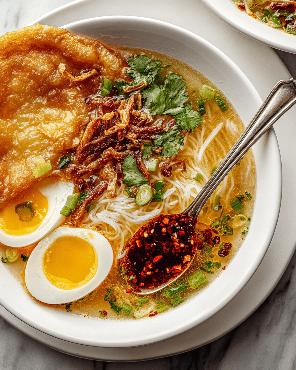 A white bowl filled with clear, golden broth and thin white rice noodles forms the base layer. On top, there are two halves of a soft-boiled egg with bright yellow yolks and smooth white edges on one side. Crispy fried shallots and fresh green cilantro leaves and sliced scallions are scattered over the broth. A large, golden-brown fried item rests on one side of the bowl, partially covered with a drizzle of dark red chili oil that pools in small areas across the broth. A spoon is placed inside the bowl, dipping slightly into the soup. The bowl sits on a white plate, all set on a white marbled surface. Photo taken with an iphone --ar 4:5 --v 7