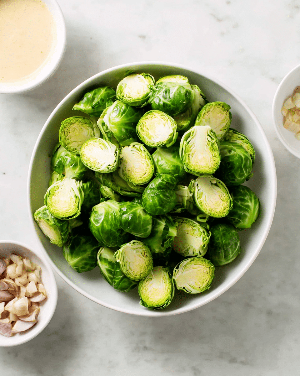 A white bowl filled with halved Brussels sprouts, showing layers of bright green outer leaves and pale green inner cores, with the sprouts arranged loosely to cover the inside surface of the bowl. Around the bowl, on a white marbled surface, there are two smaller white bowls, one containing a creamy light beige sauce with visible texture, and the other holding small pieces of light-colored shallots. The image has a clean and fresh look with vibrant green colors and soft lighting. photo taken with an iphone --ar 4:5 --v 7