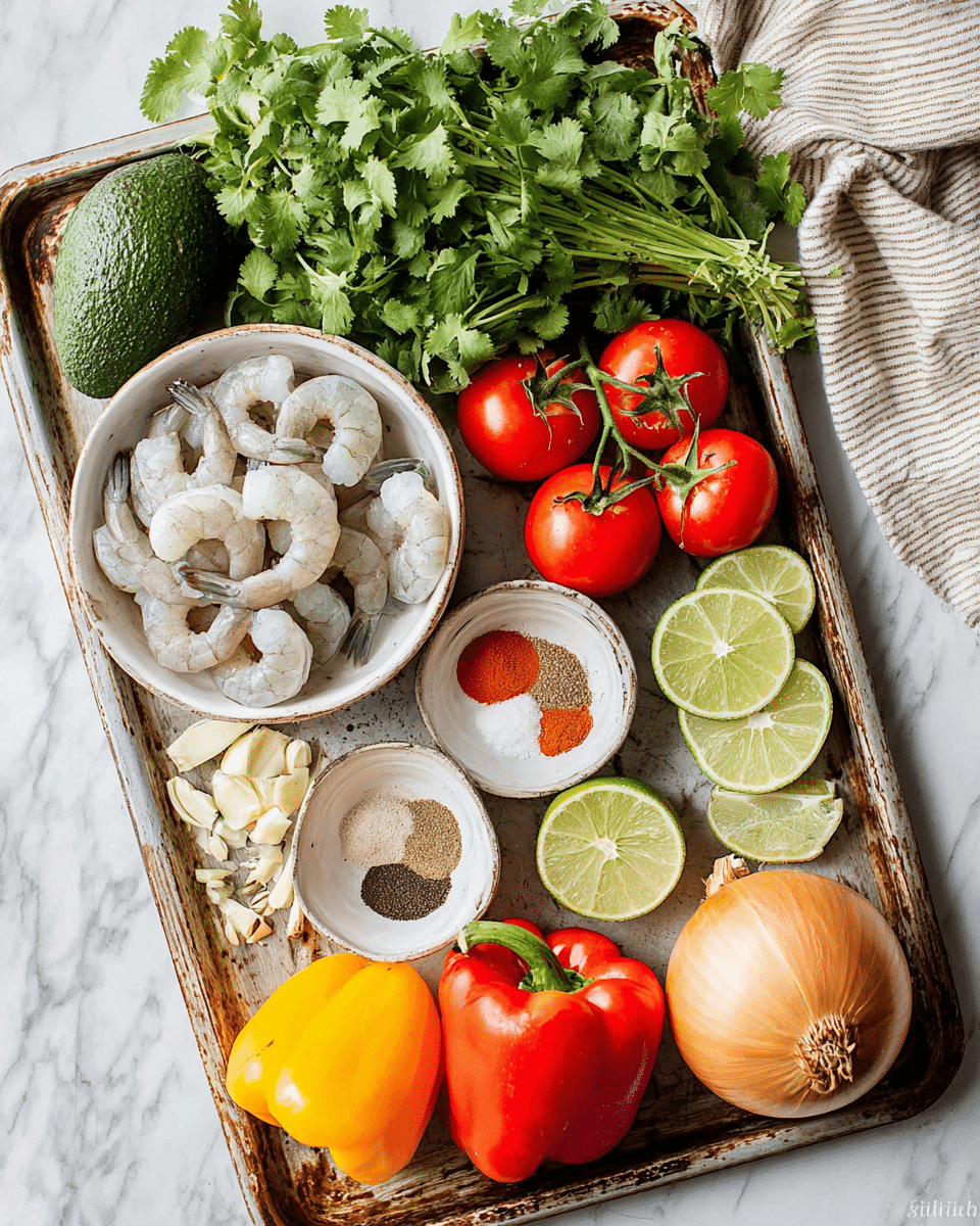 A white bowl filled with peeled and raw shrimp sits on the right side of a baking tray with a weathered metal look. Around the bowl, there is a large bundle of fresh green cilantro leaves at the top left corner. Below the cilantro, a dark green avocado and three red tomatoes attached to green stems rest side by side. Next to the tomatoes is a small white bowl containing four spices: brown, black, white, and red powder. Two halves of a lime are placed under the white bowl. Toward the bottom of the tray, three bell peppers in yellow, orange, and red colors are arranged near a round brown onion. A small white bowl with minced garlic in a measuring spoon is near the yellow pepper. The tray is placed on a white marbled surface with a beige striped cloth peeking from the top right corner photo taken with an iphone --ar 4:5 --v 7