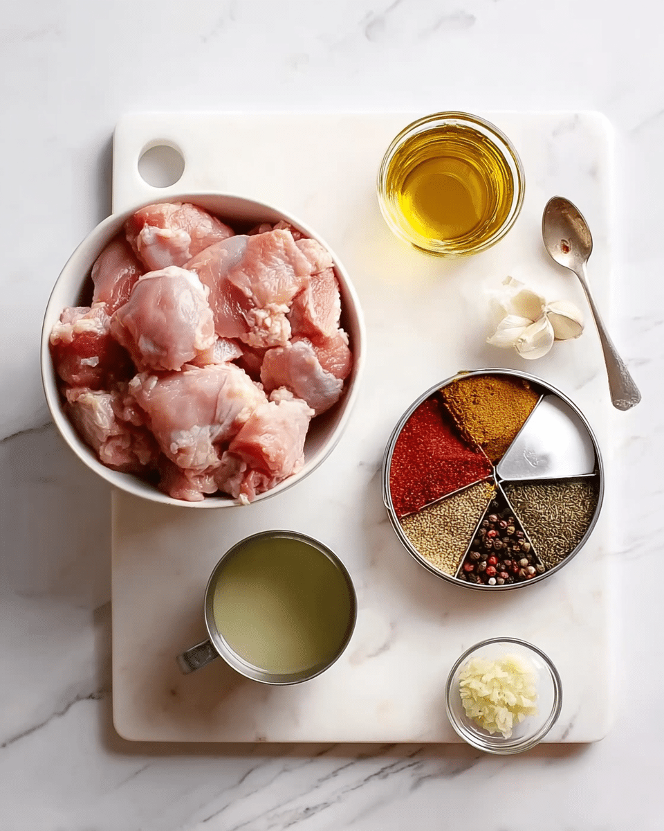 A white bowl filled with raw pink chicken pieces sits on the lower left side of a white marbled surface. To the right of the bowl is a white cutting board holding a small round metal container filled with various colorful spices arranged in sections, including red, brown, white, and black. Above the spices is a small glass container with a golden liquid, likely oil. Below the spices, there is a small metal cup with a light green liquid. To the right of this is a small clear glass bowl containing minced garlic. Photo taken with an iphone --ar 4:5 --v 7