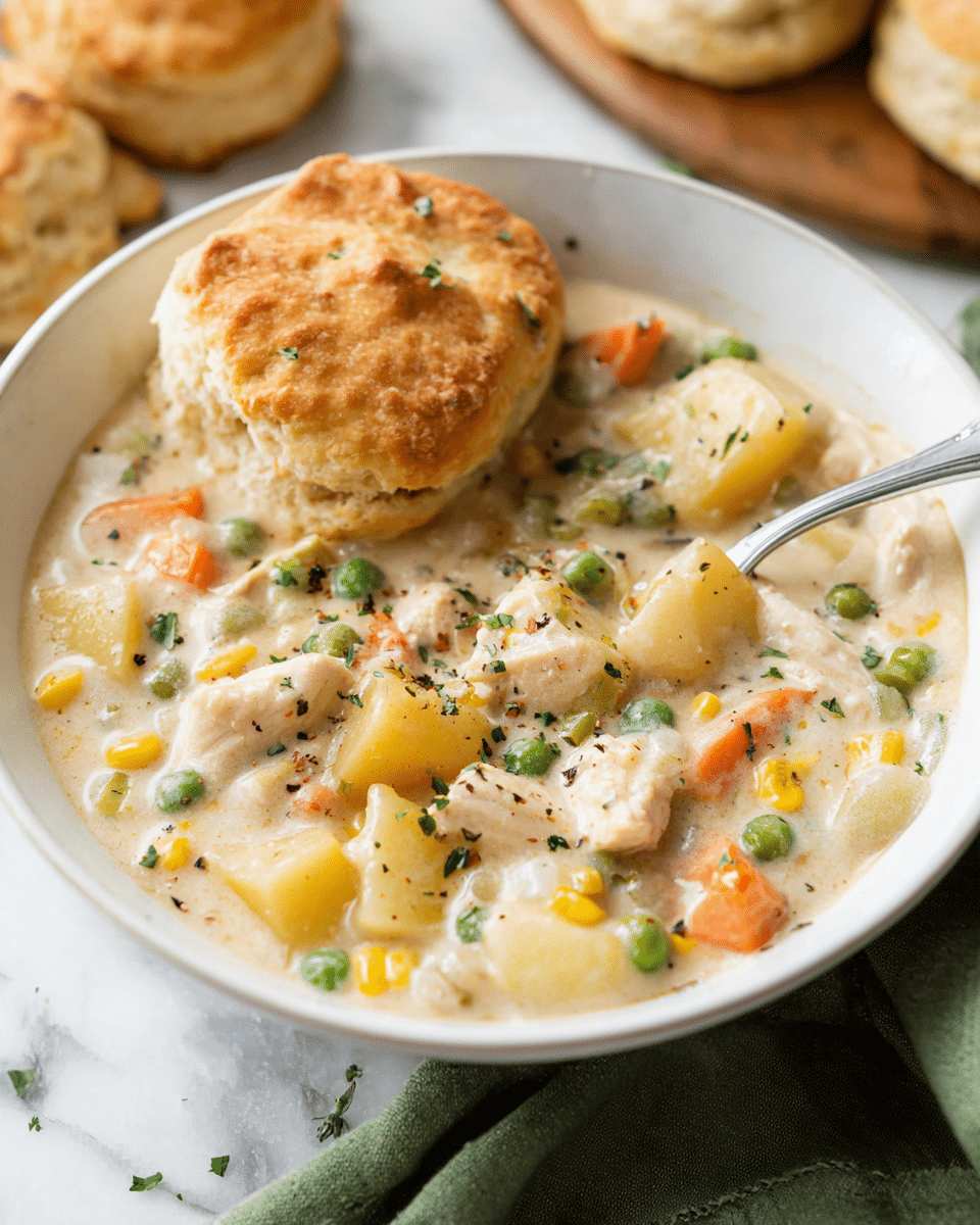 A white bowl filled with thick creamy chicken and vegetable soup showing three layers: the base layer is creamy with cubes of light yellow potatoes, soft orange carrots, whole yellow corn, and green peas mixed throughout; the middle layer has chunks of tender white chicken pieces scattered across the soup, sprinkled with small green herb bits and black pepper; the top layer features a golden brown biscuit, broken open and placed partly on the soup's edge, showing its soft white flaky inside. A silver spoon rests on the left side inside the bowl, placed on a white marbled surface with a green cloth partially visible near the bowl, and blurred biscuits on a wooden board in the background. Photo taken with an iphone --ar 4:5 --v 7