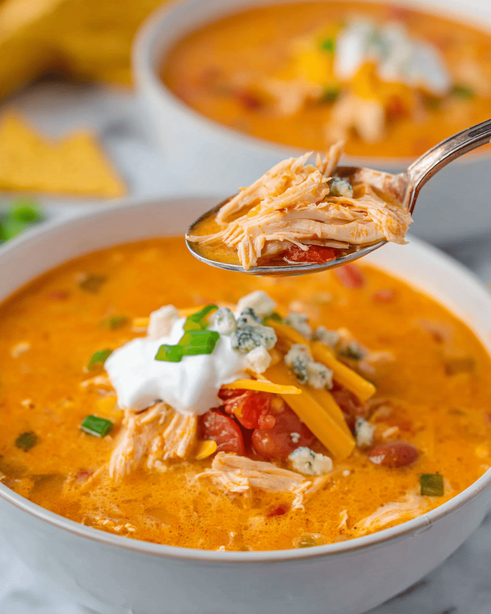 A white bowl filled with thick, creamy orange soup, showing visible chunks of shredded chicken, red tomatoes, and beans mixed in. The soup is topped in the center with a dollop of white sour cream, sprinkled with small bits of green onions and crumbled blue cheese. On a spoon held over the bowl, there are clear layers of shredded chicken, yellow cheddar strips, diced red tomatoes, and green onions visible within the orange soup. In the blurred background, a second bowl of the same soup can be seen on a white marbled surface, along with some scattered yellow tortilla chips. photo taken with an iphone --ar 4:5 --v 7