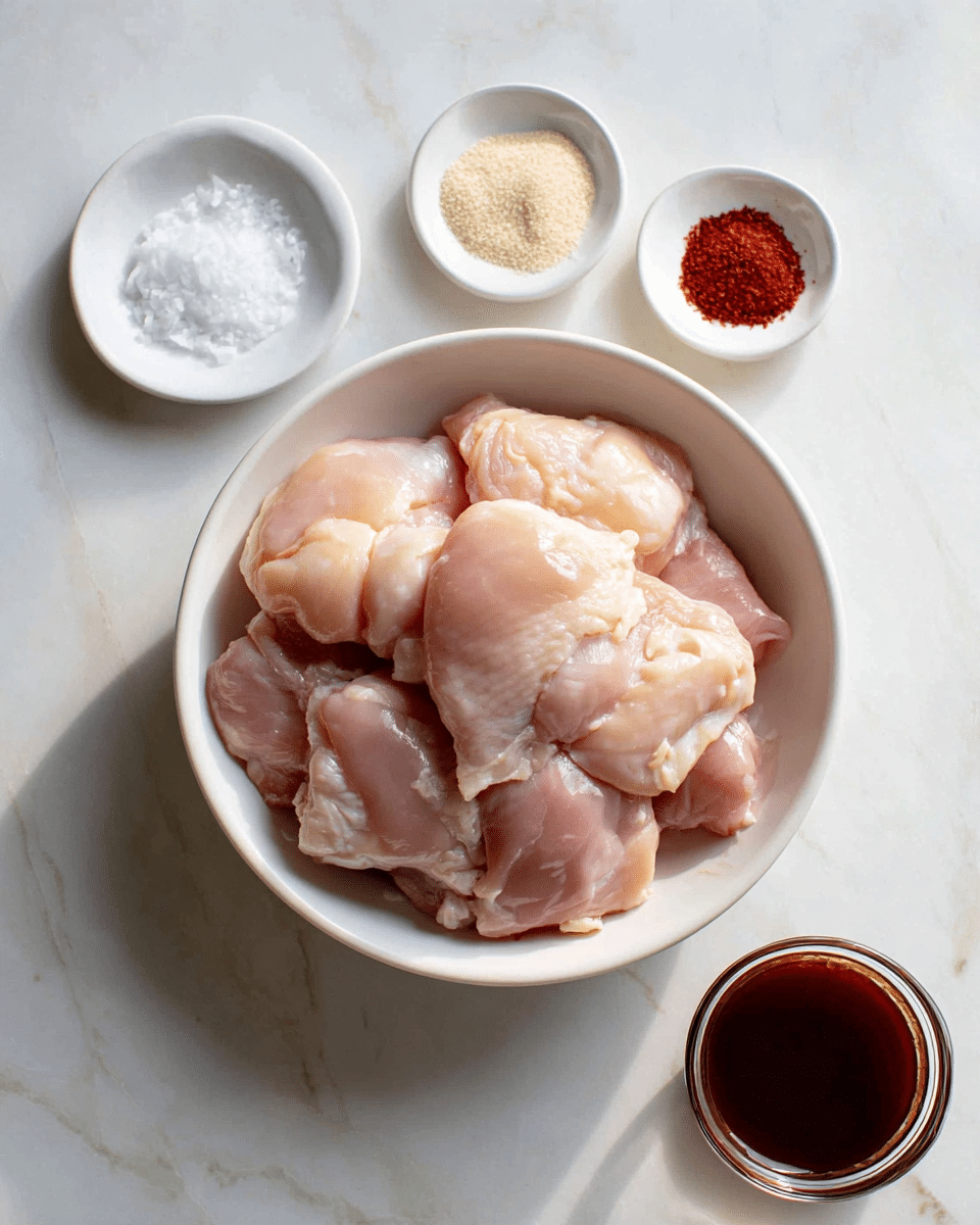 A white bowl holds a neat pile of raw chicken pieces, pale pink with some white fat spots, stacked closely filling the bowl. Surrounding the bowl are four small white dishes placed on a white marbled surface: one dish has coarse white salt crystals, another has a light beige powder, the third holds a bright red spice powder, and a small glass cup at the bottom right contains a dark brown, glossy sauce. The scene is bright with soft natural light coming from the left, creating gentle shadows. photo taken with an iphone --ar 4:5 --v 7